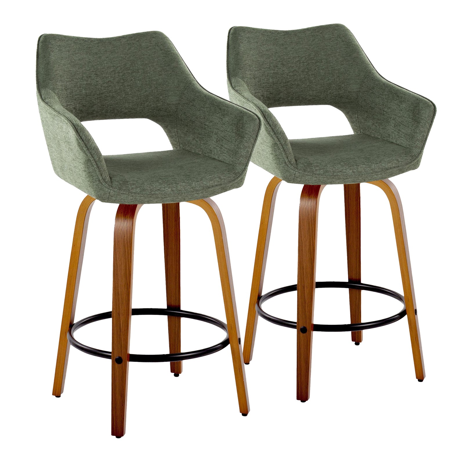 Set of 2 Counter Stool Swivel Walnut Wood Green Fabric 26″ Fixed Height