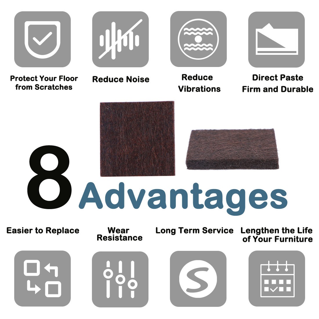 Furniture Felt Pads Square 1 1/4″ Anti-scratch for Furniture Cabinet Brown 30pcs