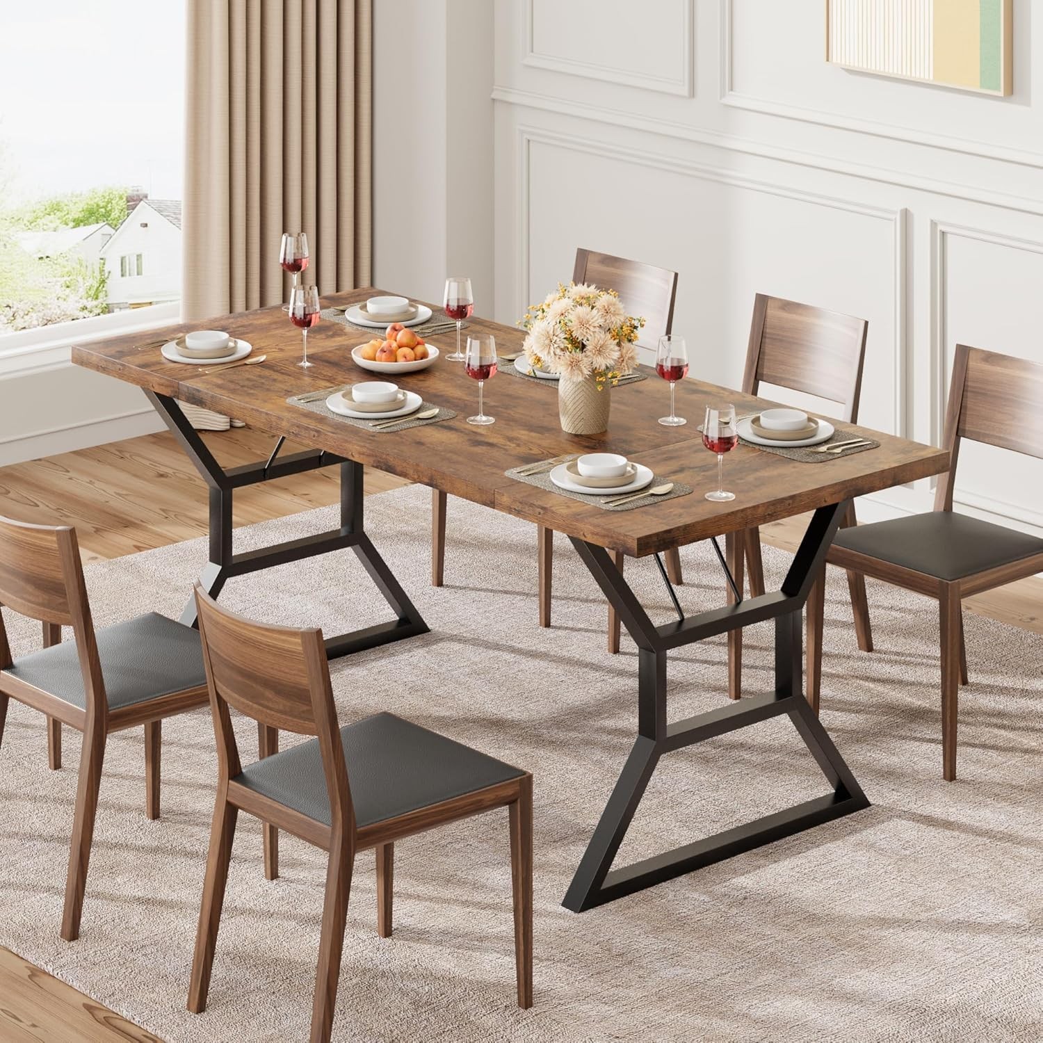 Rectangular Kitchen Table 70.9×29.5 in, Wood Top, Heavy-Duty X Black Metal Legs