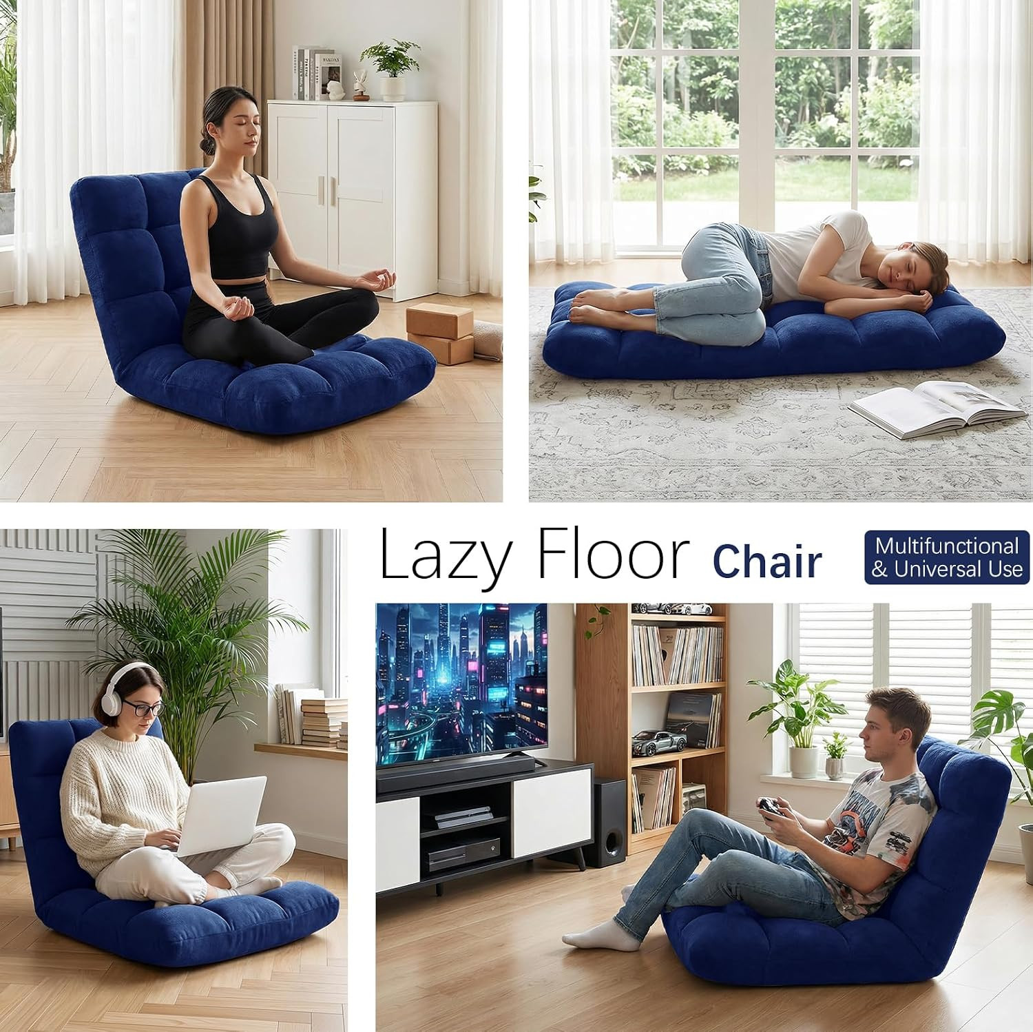 14-Position Adjustable Floor Chair – Comfy Meditation Sofa in Navy Velvet