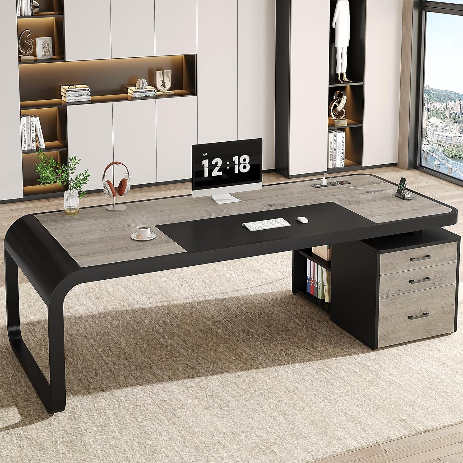 70.9″ Executive Desk, Large Computer Desk with Lateral File Cabinet, Office Desk
