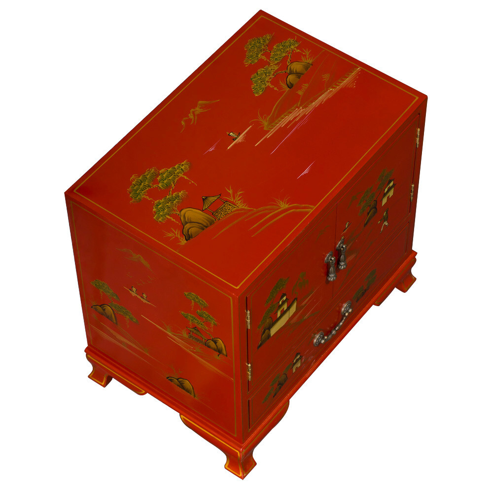 US Seller – Chinoiserie Scenery Motif Oriental Accent Cabinet