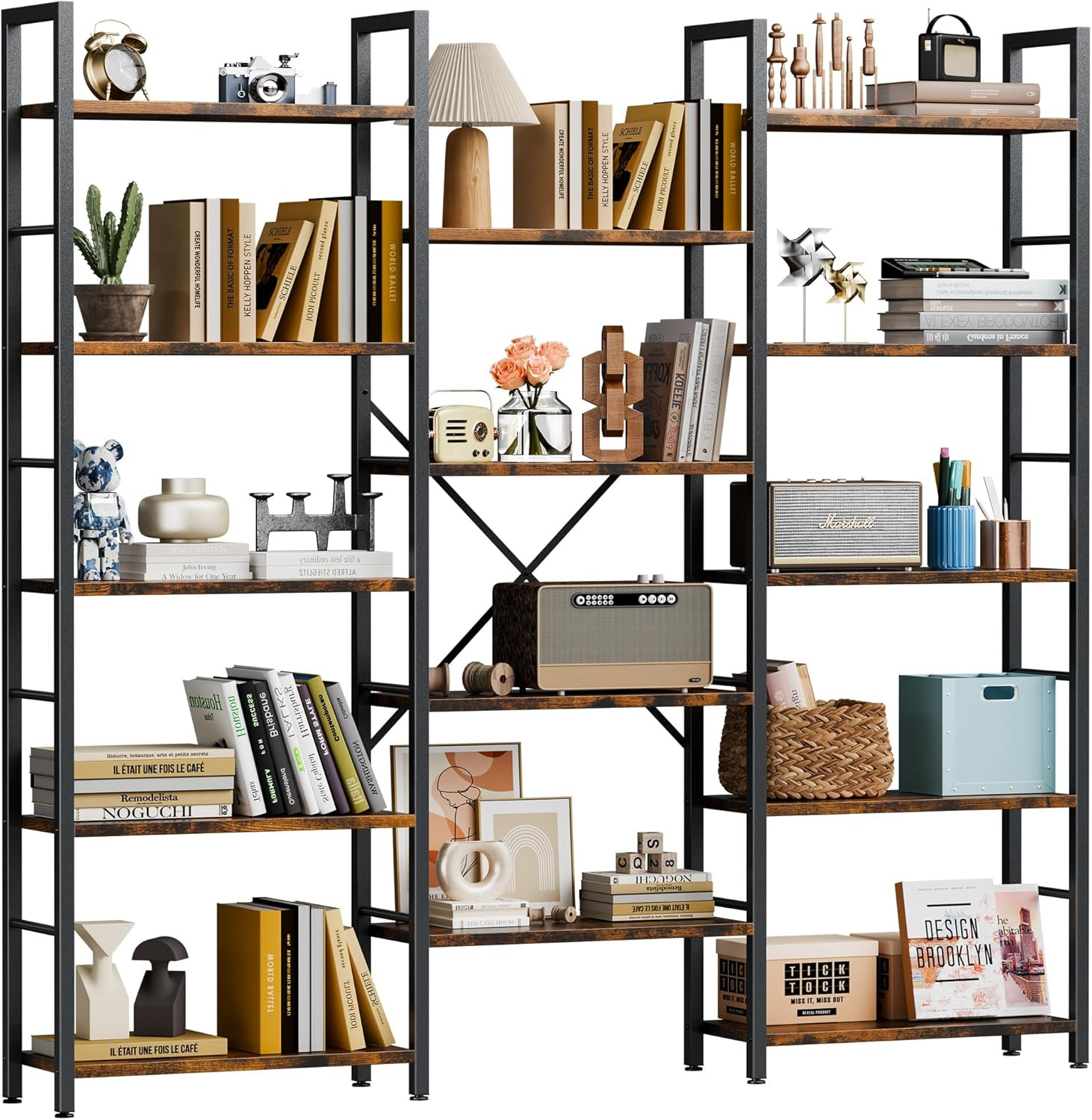 Triple Column 5 Tier Bookshelf Industrial Large Bookcase with 14 Open Display S