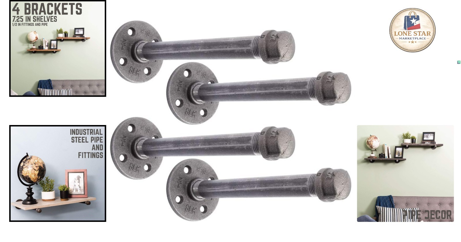 Authentic 8 Inch Industrial Pipe Brackets, 4 Pack – Heavy-Duty Shelving Support