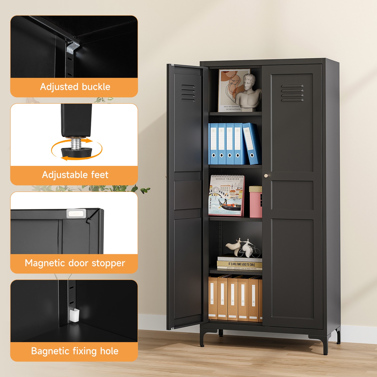 White Metal Pantry Cabinet with 4 Adjustable Shelves, Tall Freestanding Storage