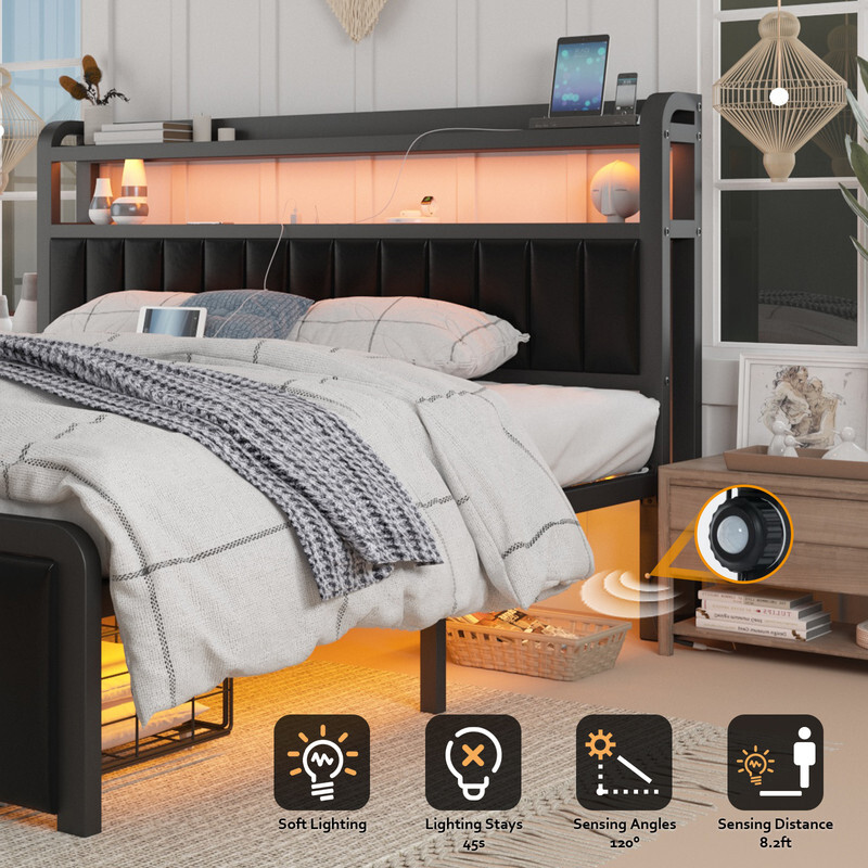 Queen Metal Bed Frame with LED Lights & Charging Station & Storage Headboard