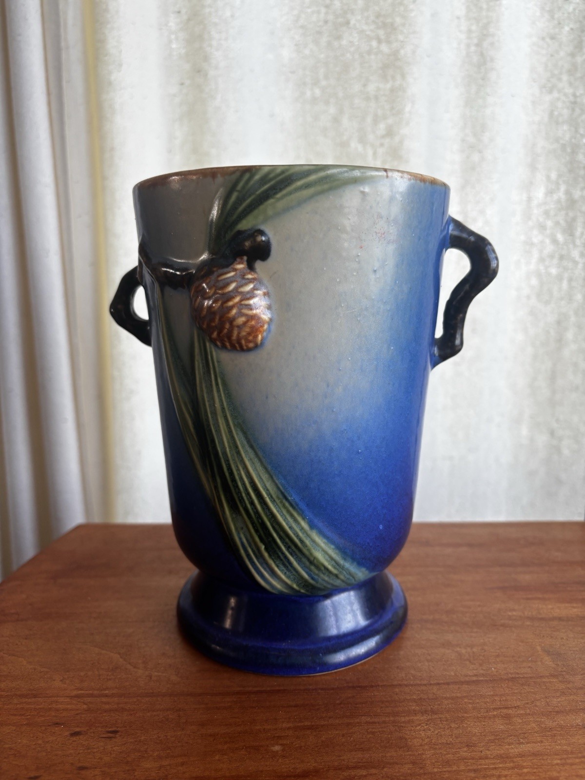 Roseville Pottery Pinecone Double Handle Vase Blue Green Antique Vintage