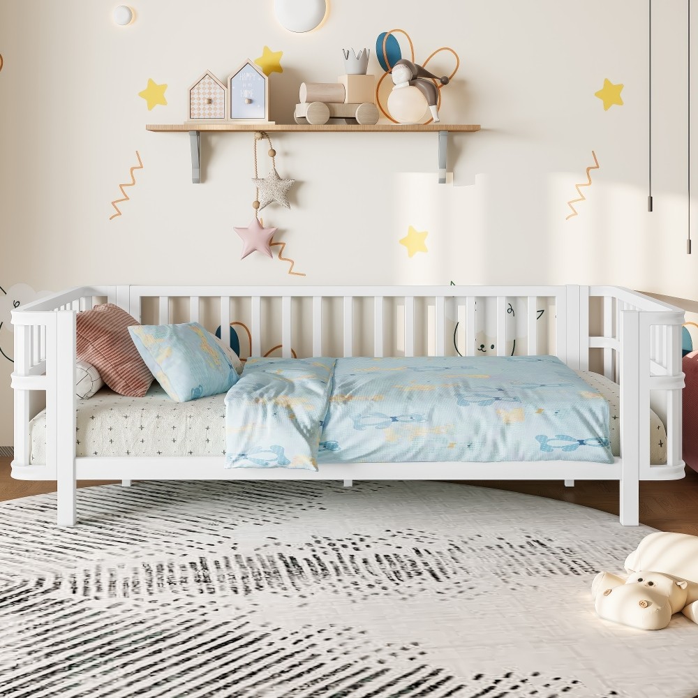 Children’s double wooden platform bed with railings, a low iron double bed