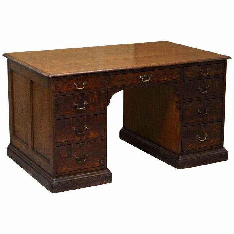 STAMPED GILLOWS LANCASTER DOUBLE SIDED TWIN PEDESTAL PARTNER DESK FIGURED OAK