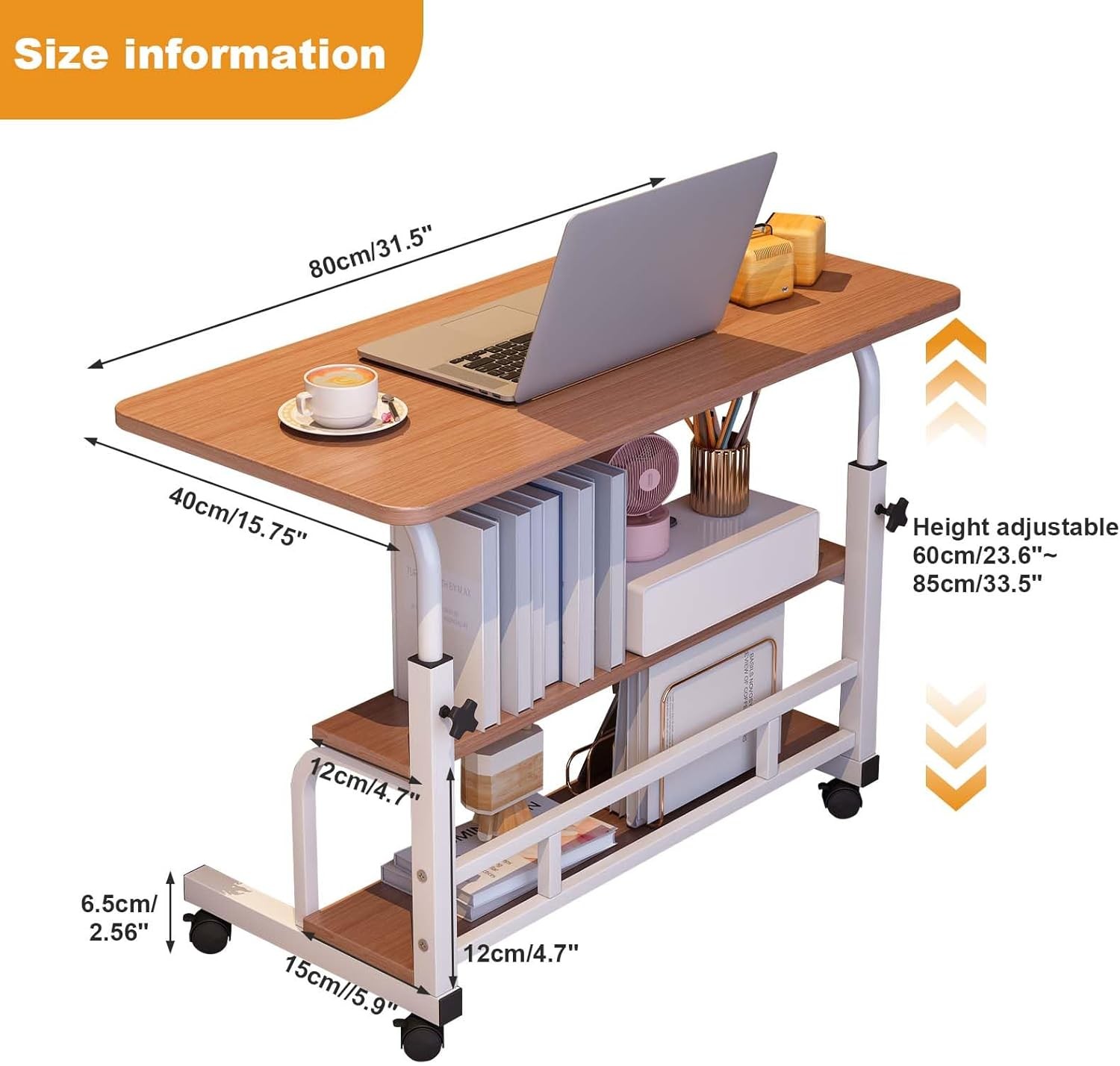 Mobile Portable Laptop Desk Adjustable Height Rolling Small Standing Desk Walnut