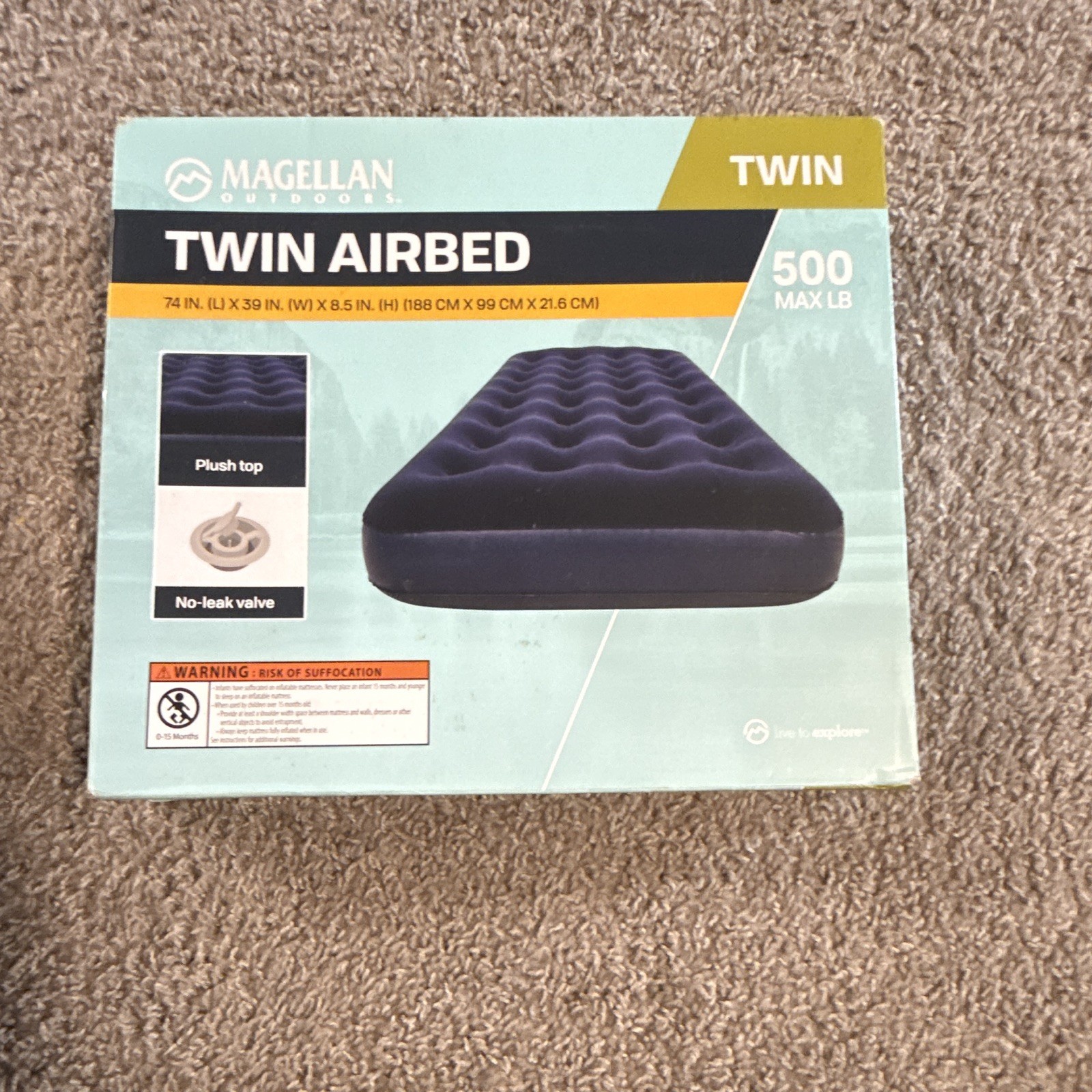 Magellan Outdoors Twin Blue Air Bed Plush Top No-Leak Valve 74x39x8.5″