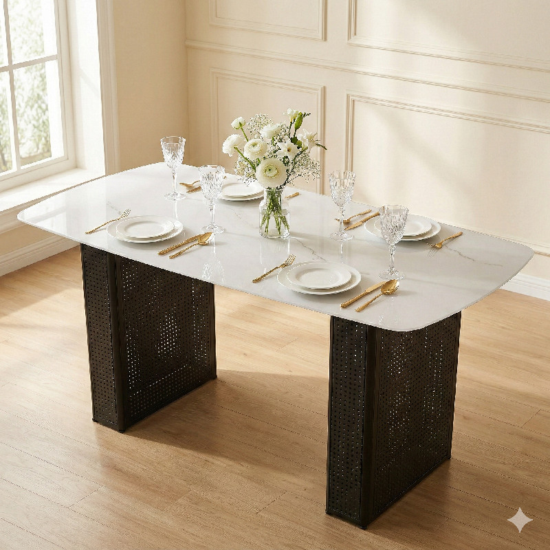 Rectangular Dining Table for 6-8, Modern Dinner Kitchen Table w/Black Metal Base