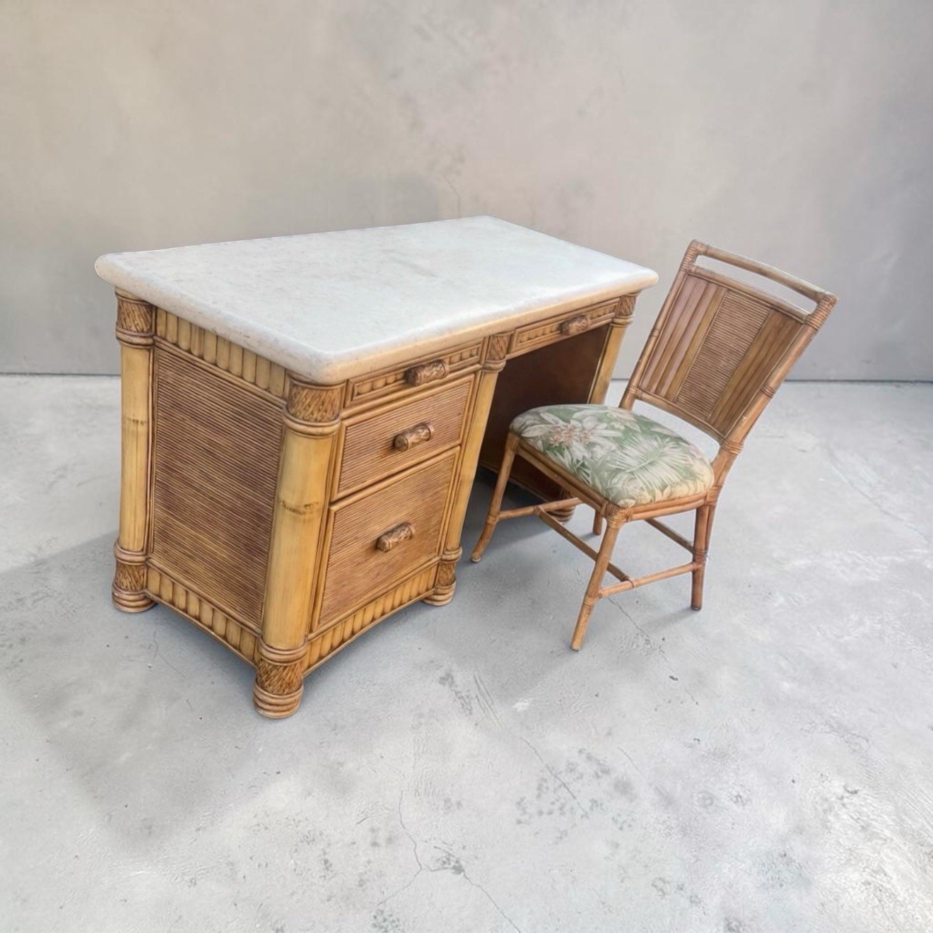 Designer Tropical Faux Bamboo Desk w/ Real Travertine Stone Top + Chair