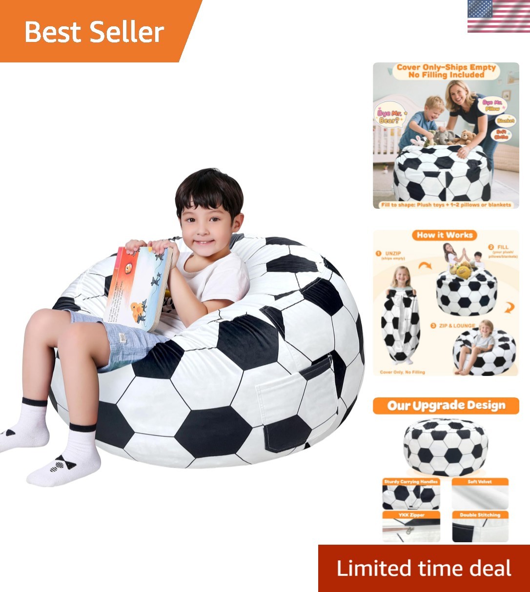 Soccer Stuffed Animals Storage Bean Bag Chair Cover Only Ships Empty, No Fill…