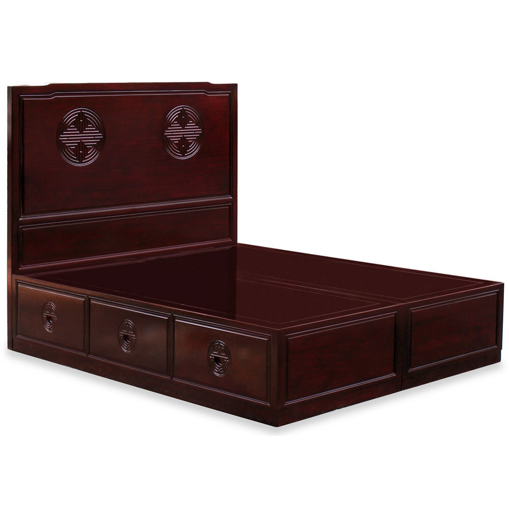 US SELLER – Dark Cherry Rosewood Queen Size Chinese Longevity Platform Bed