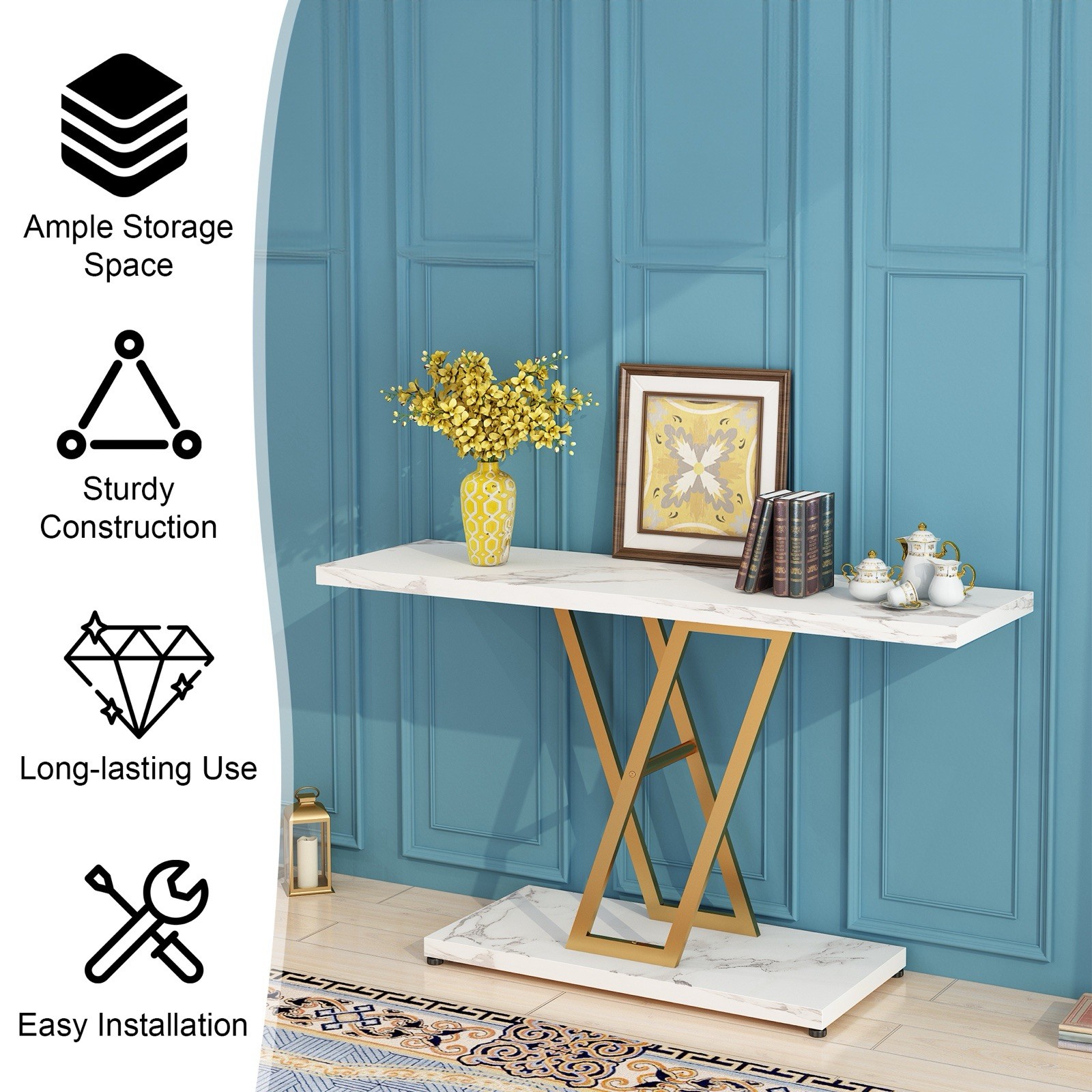 White Marble Pattern Console Table, Gold Metal Base, 42.1 x 11.4 x 29.7 in