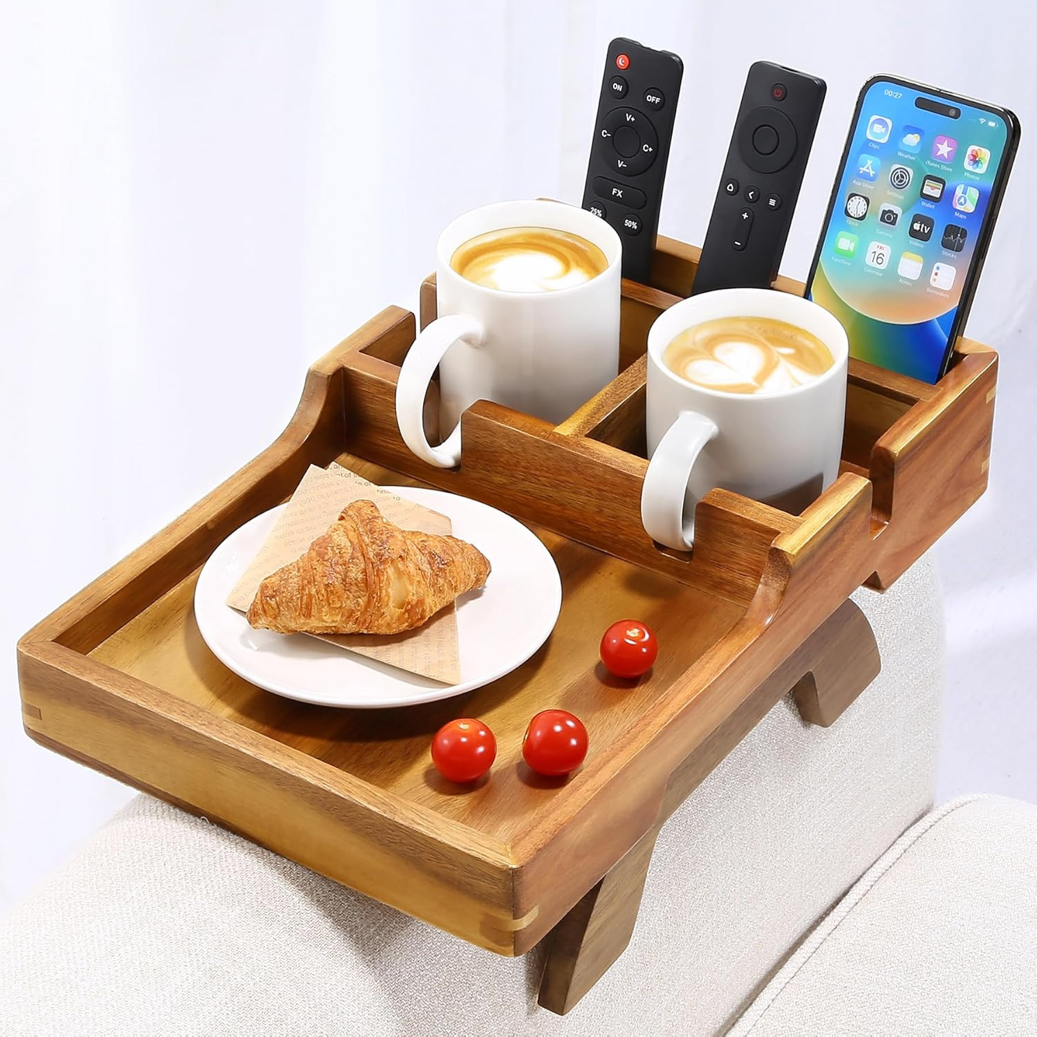 Acacia Wood Couch Arm Tray, 15.35″X9.85″ Couch Armrest Table with Cup Holder, Fo