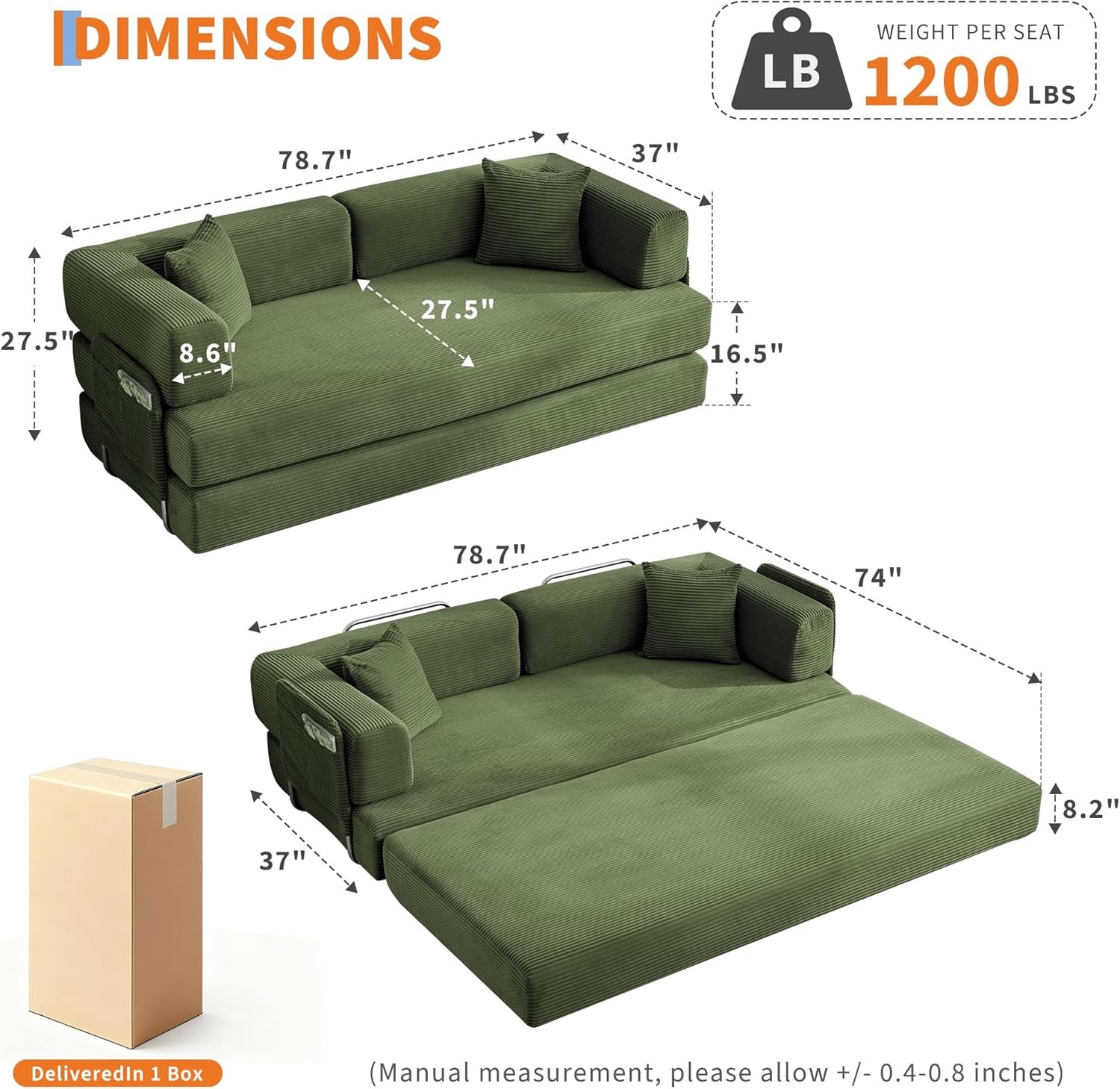 Convertible Sleeper Sofa Bed, 79″ Floor Sofa Bed, 5-in-1 Folding Mattress Couch