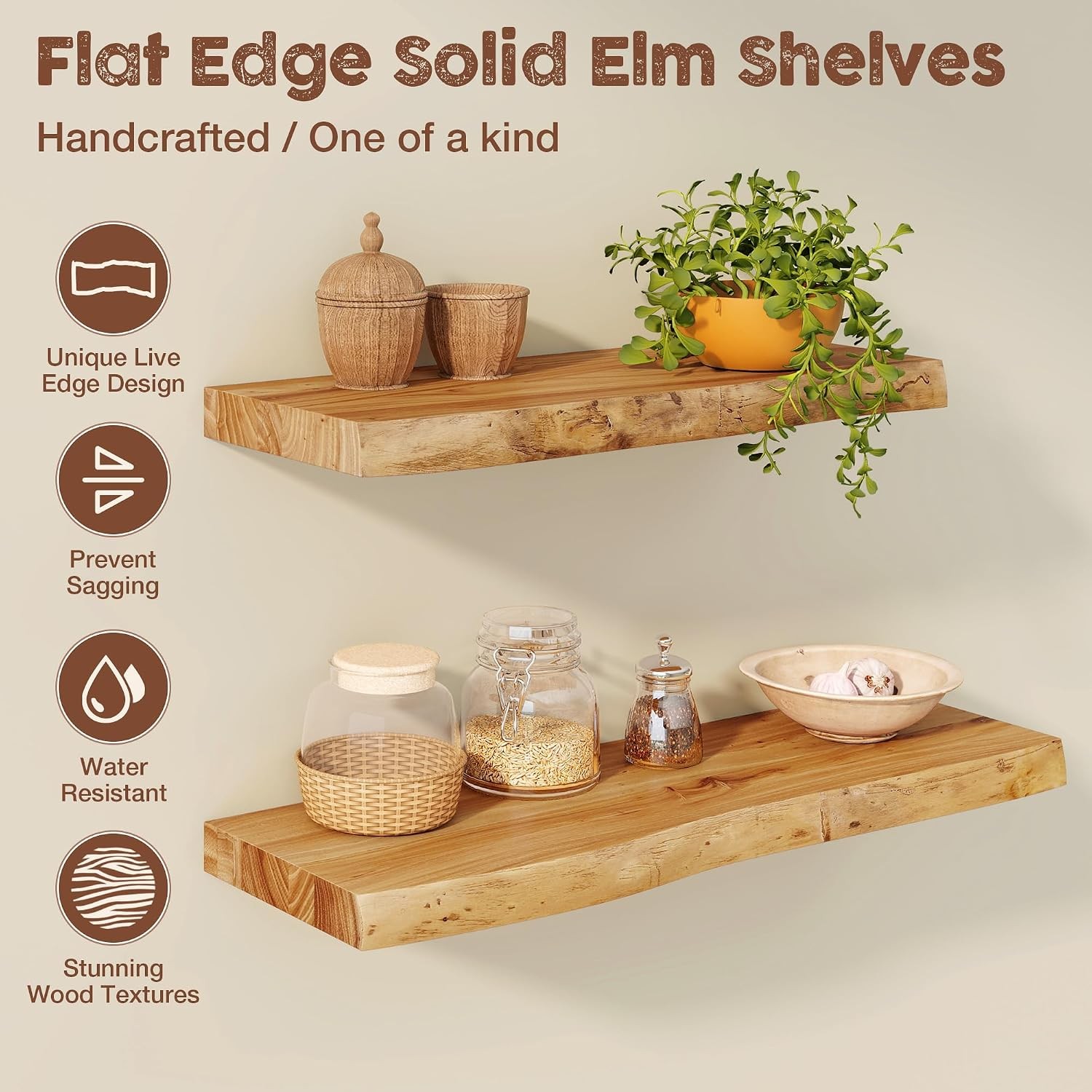 Live Edge Floating Shelves Wall 40 inch 8 Inch Deep Solid Elm Wood Floating Wall