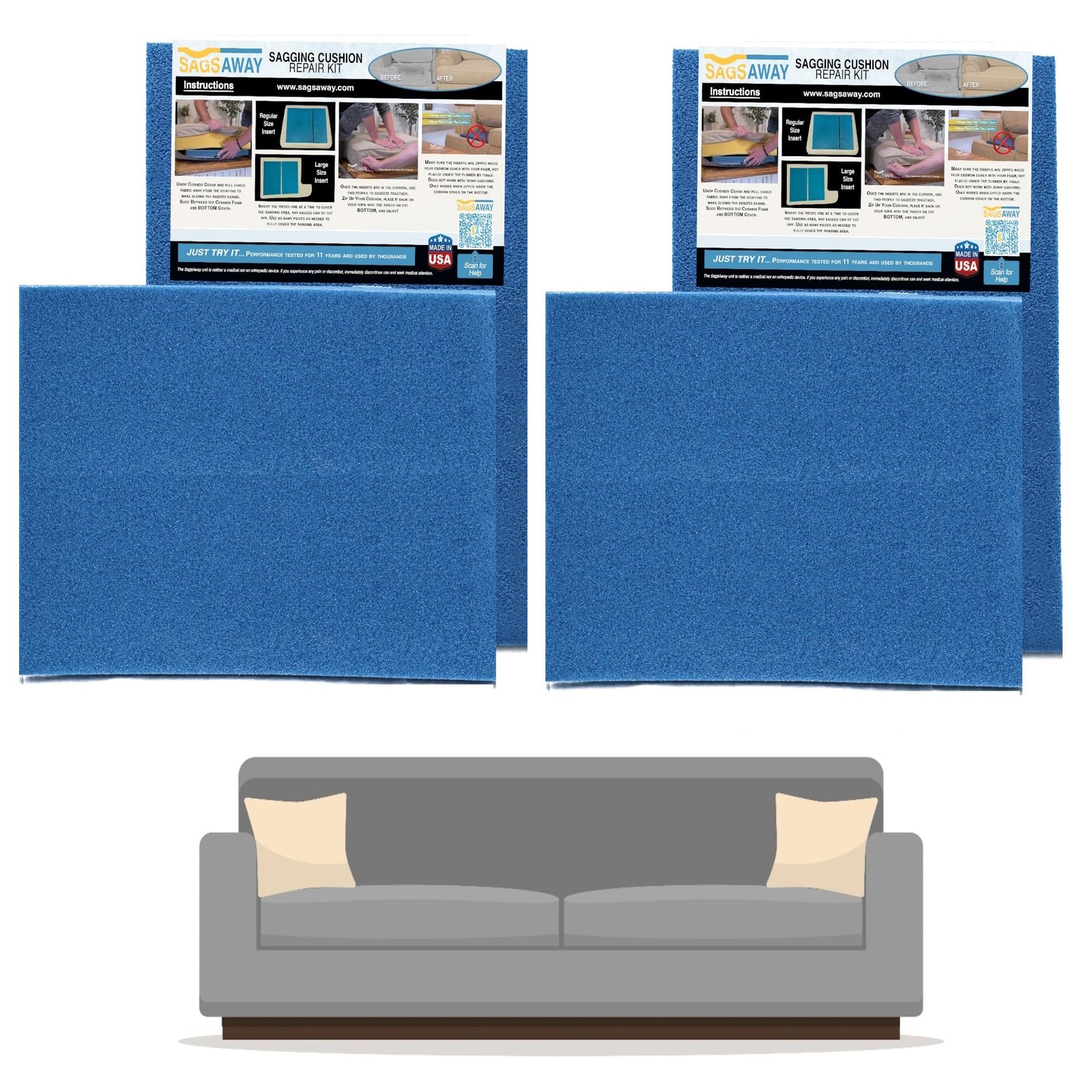 Large 1.5in Thick Cushion Inserts – 2 Pack Military Grade Foam for Sofa