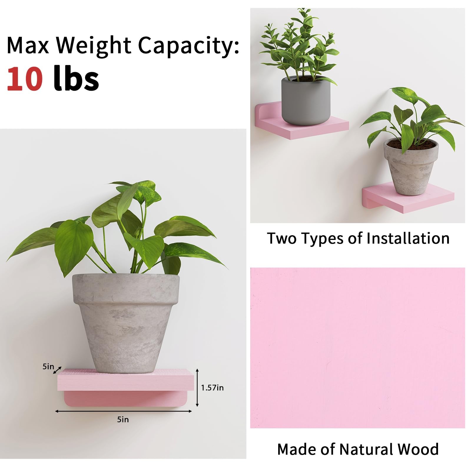 Fixwal Pink Shelves, 5×5 Inches Small Wall Shelf Set of 4, Rustic Wood