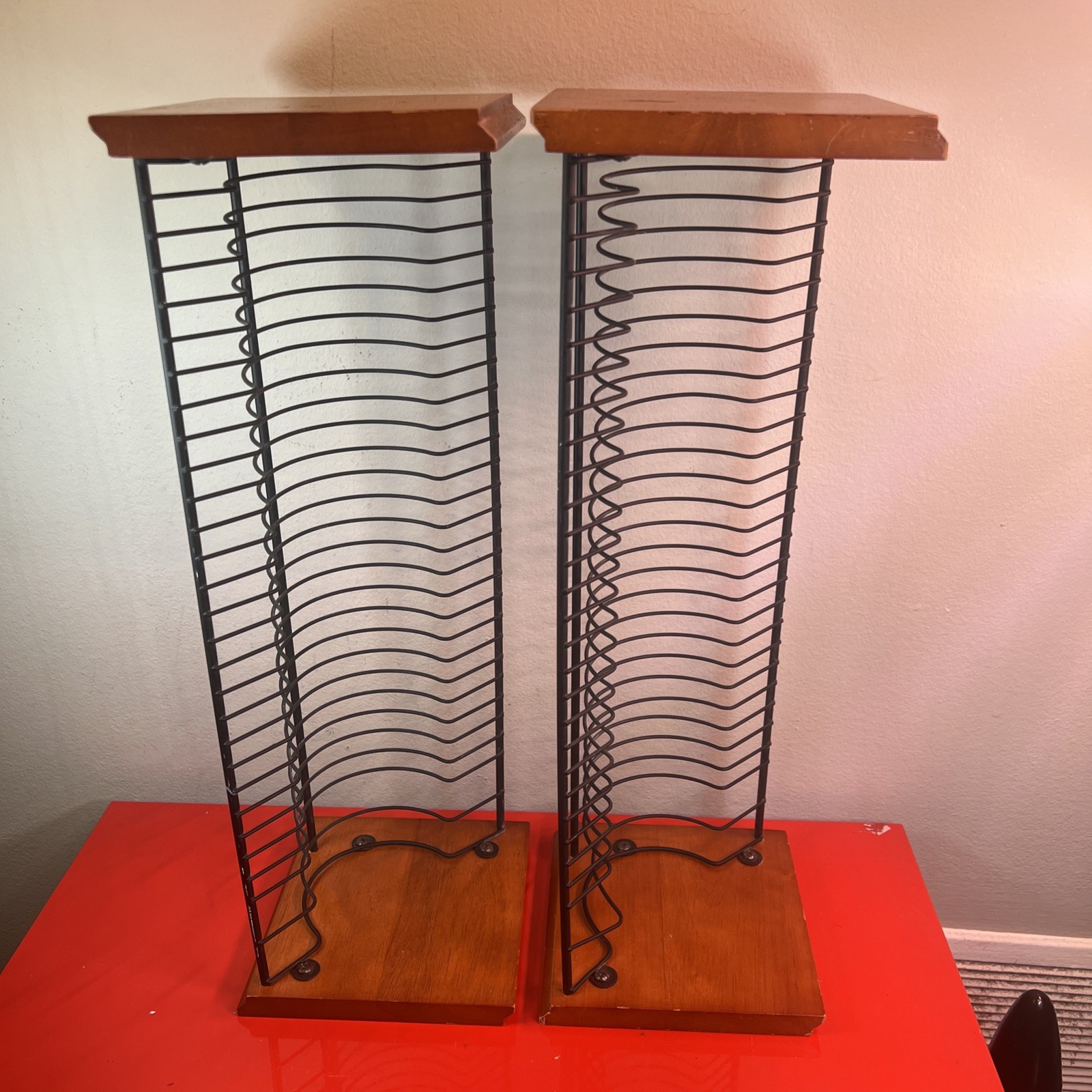 Set Of 2 Vtg Black Wire Cherry Wood CD Tower Rack Holds 30 CDs 18” Tall Storage