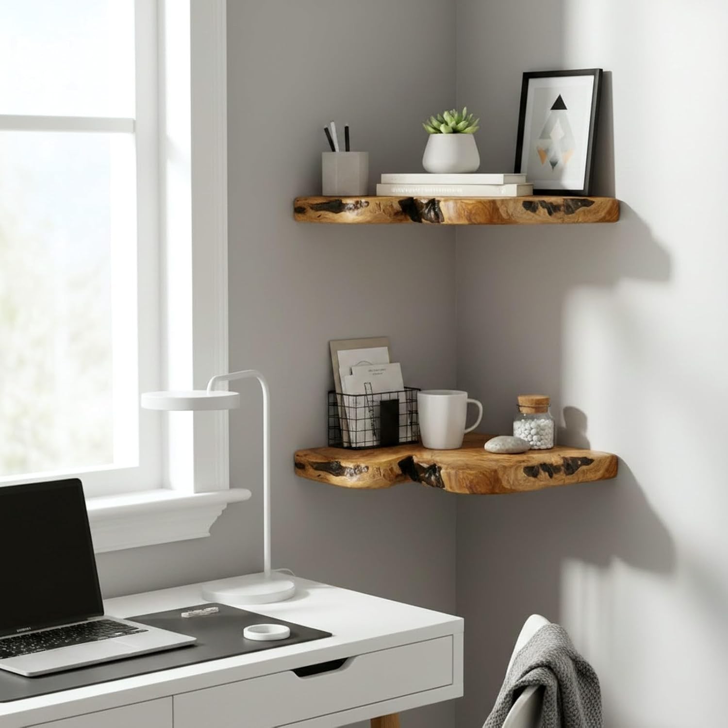 Floating Corner Shelf Set of 2 Wall Mounted, 10.86 x 11.5 Inches for Living