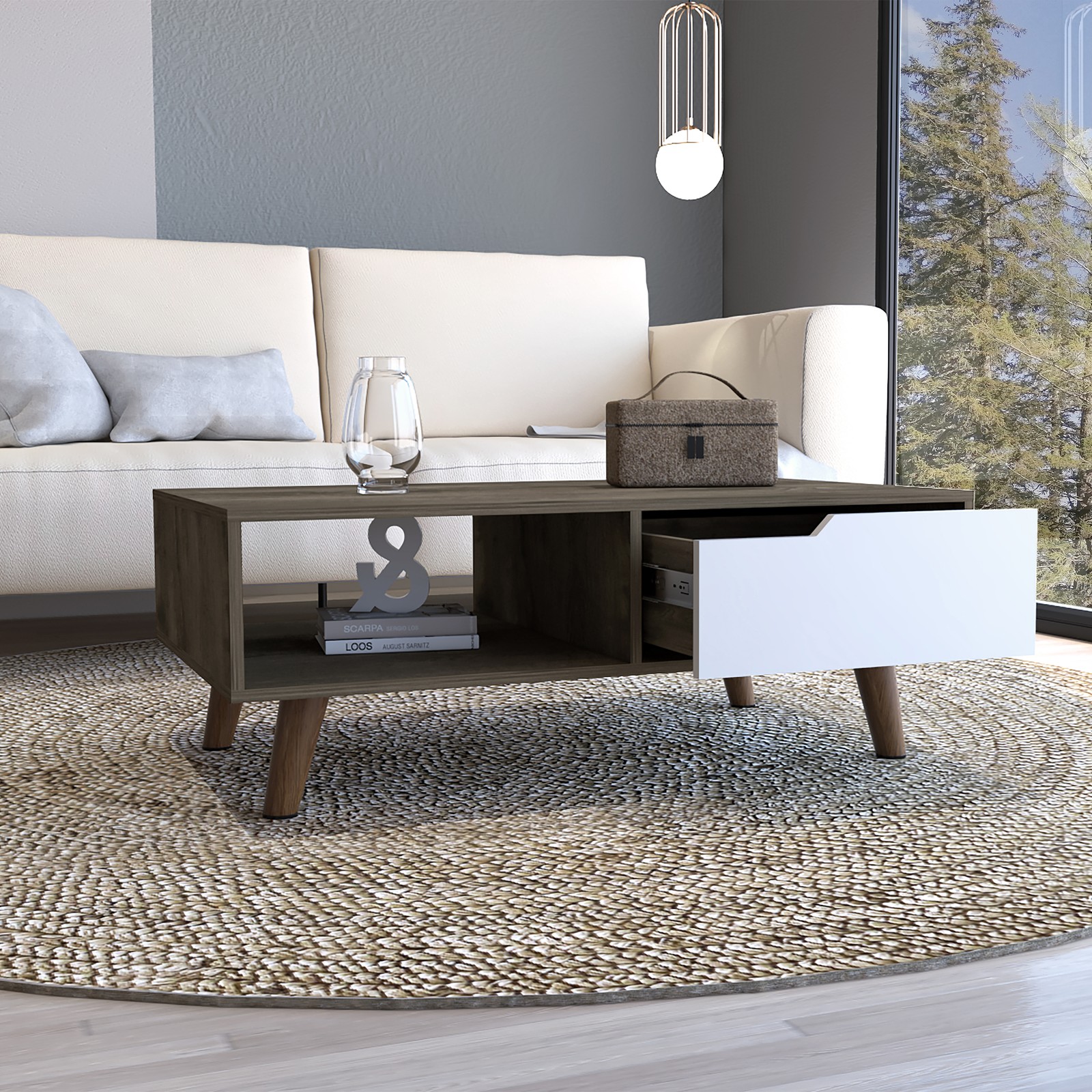 Coffee Table, One Open Shelf, One Drawer, Dark Brown/White