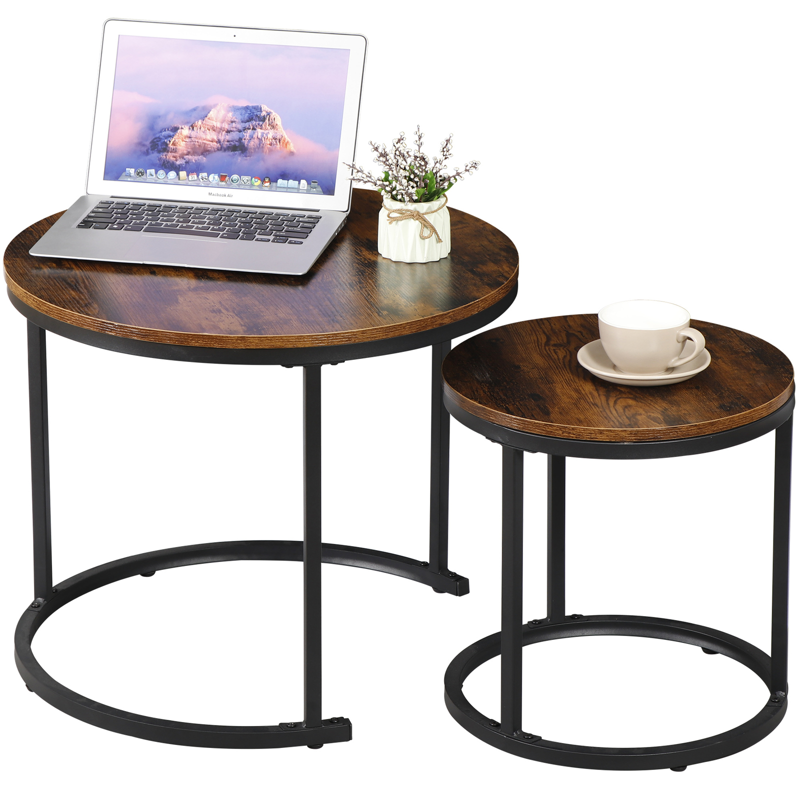 Set of 2 Nesting Coffee Table Round Side Table Industrial Style Home Office