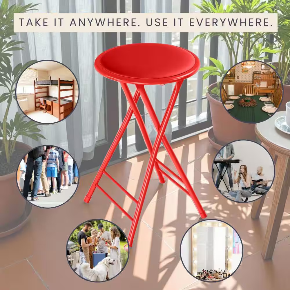 Backless 24 In. Portable Bar Stool with 225 Lb. Capacity, Red Folding Chair W/ V