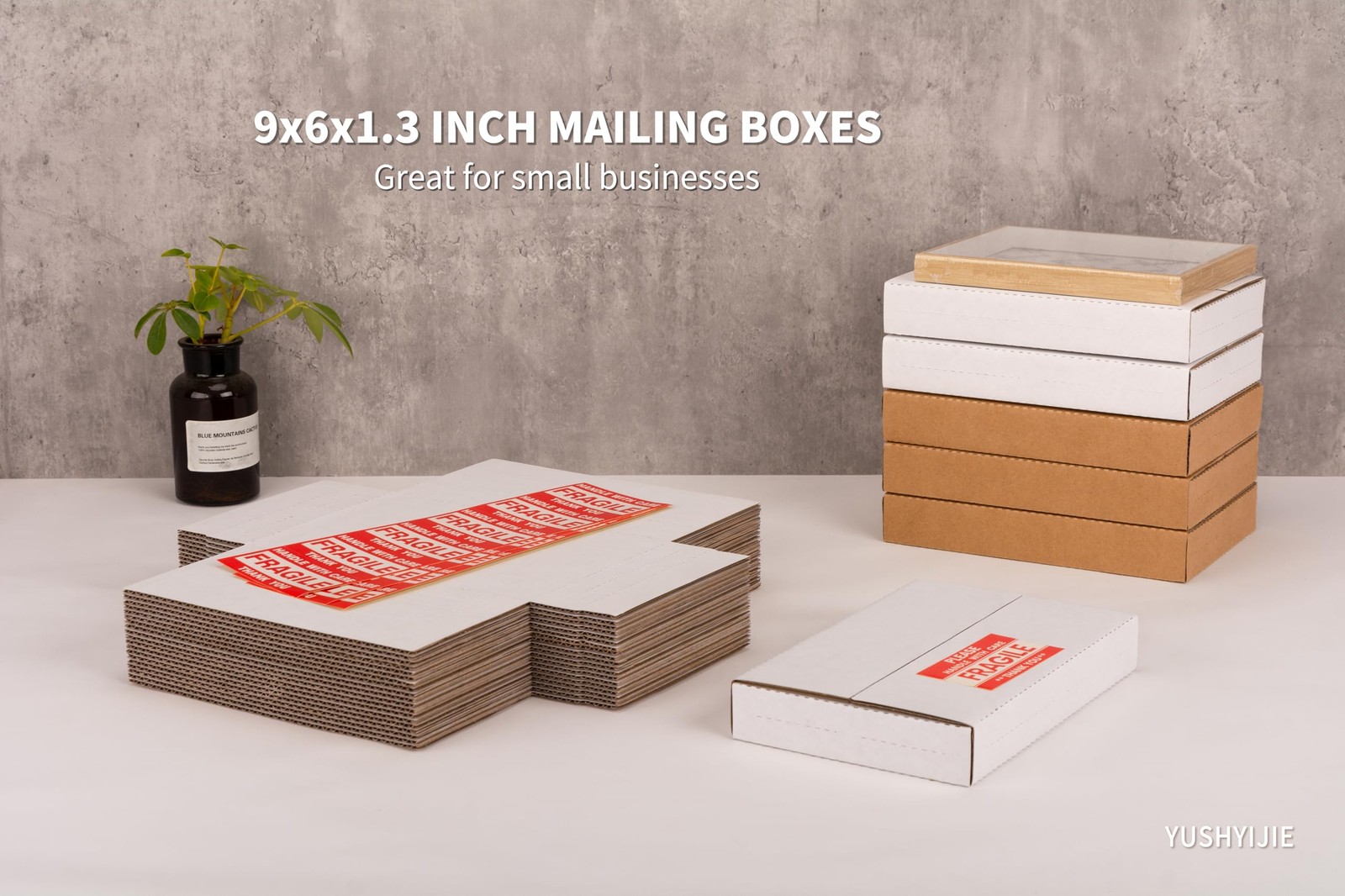 Yushyijie 50 Pack 9X6X1.3 Inch Small Boxes Multi-Depth Flat Corrugated