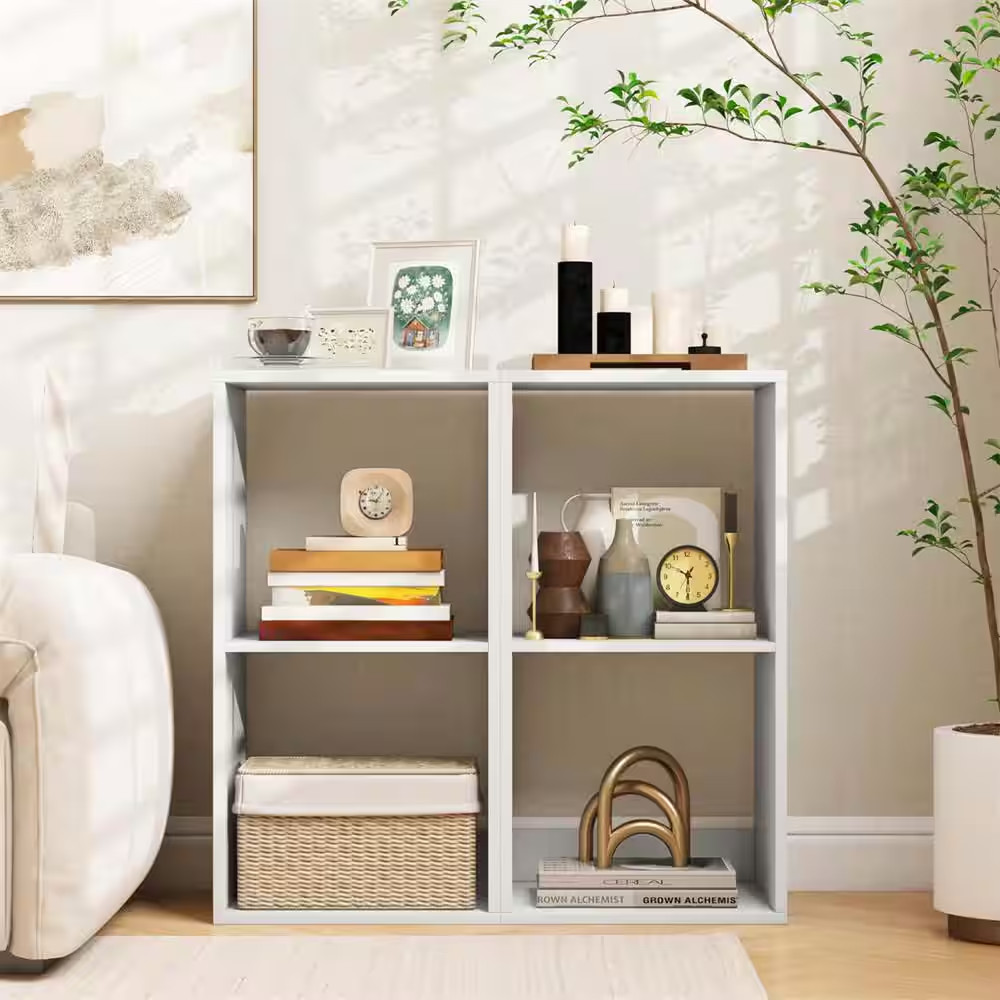 27.5 In. Tall White Wood 2-Cube Bookcase Open Back Bookshelf with Anti-Tip Kit M