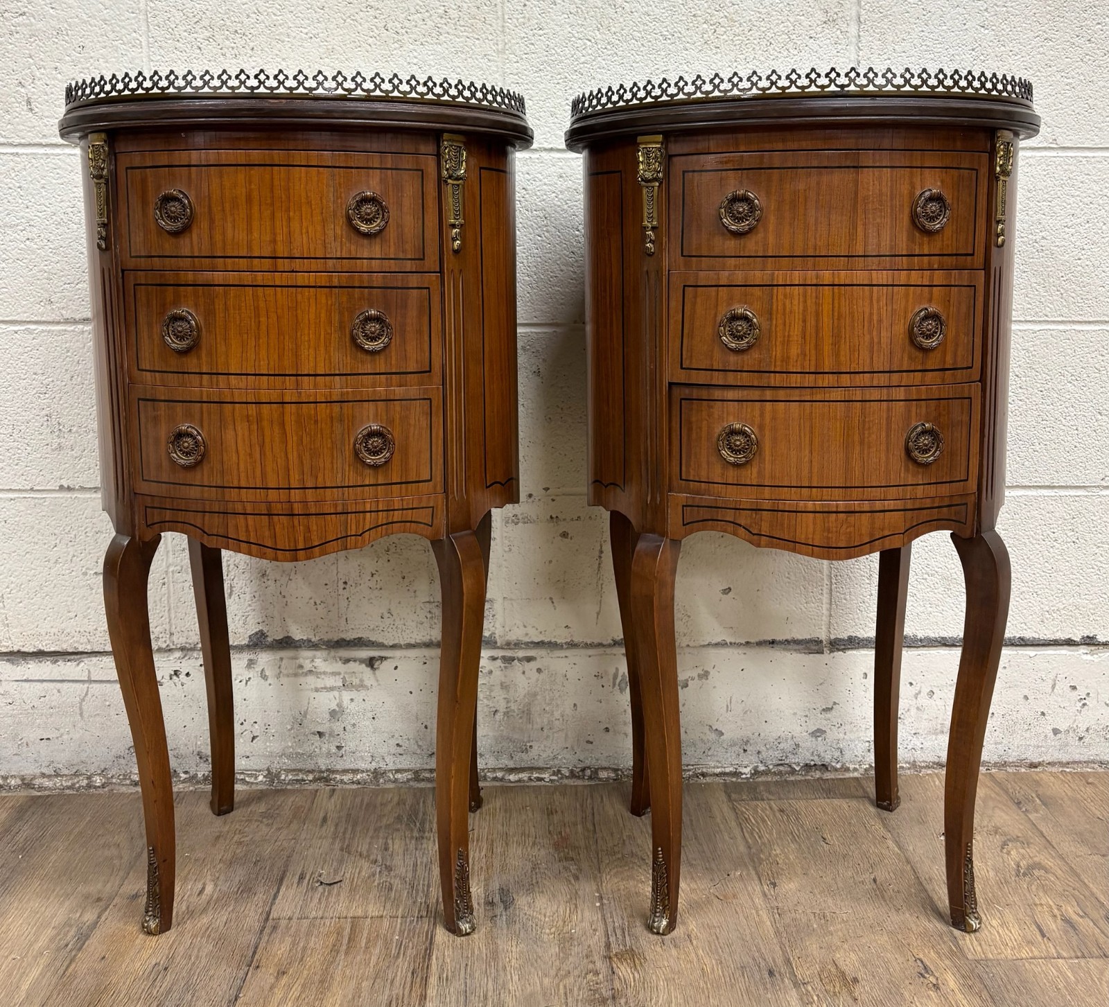 Vintage Helmer’s Mfg French Louis XVI or XV Inlaid Parquetry Ormolu Nightstands