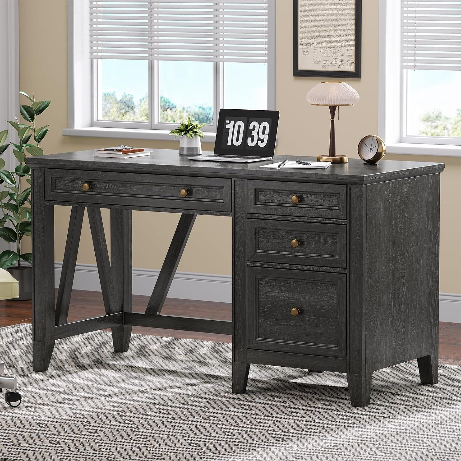 54 Inch Farmhouse Executive Desk, Computer Desk with Drawers, Home Office Desk w