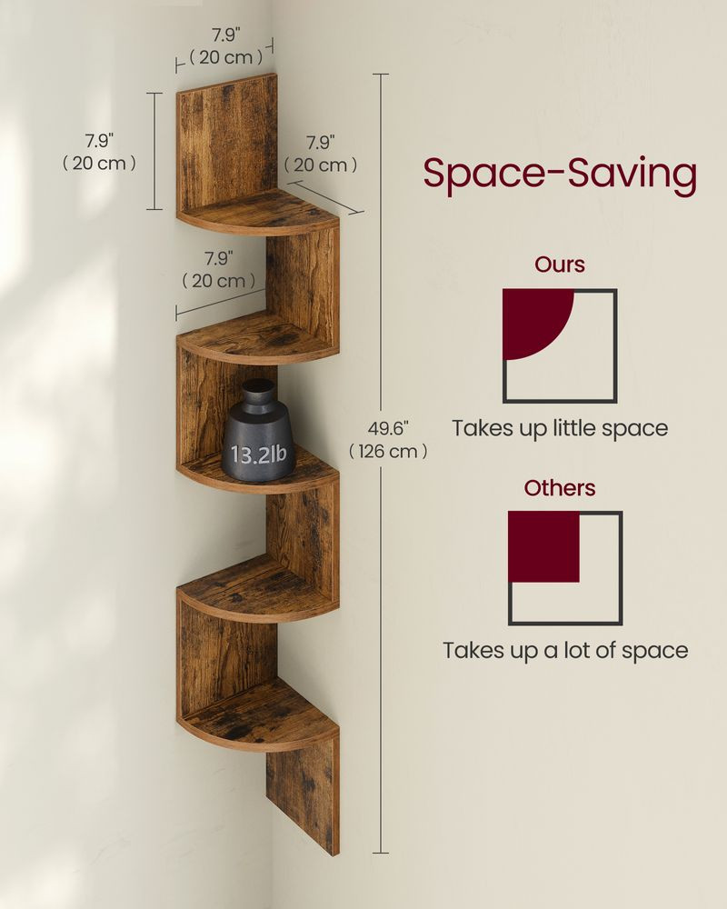 VASAGLE 5-Tier Floating Corner Shelf Rustic Brown Wall Mounted 49.6″ Tall
