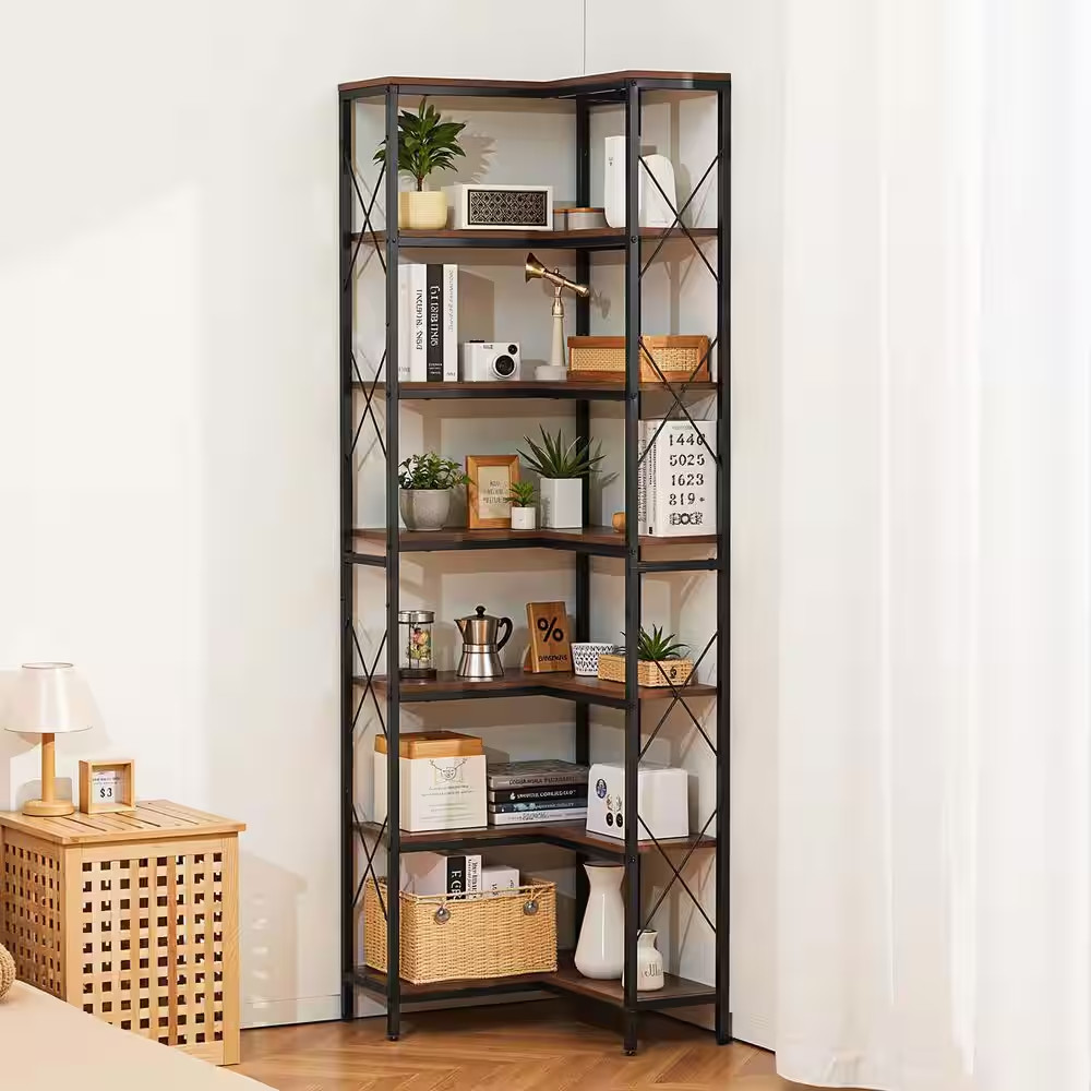 79 In. Brown Tall 7-Tier Corner Bookshelf, Industrial L-Shaped Bookcase with Met