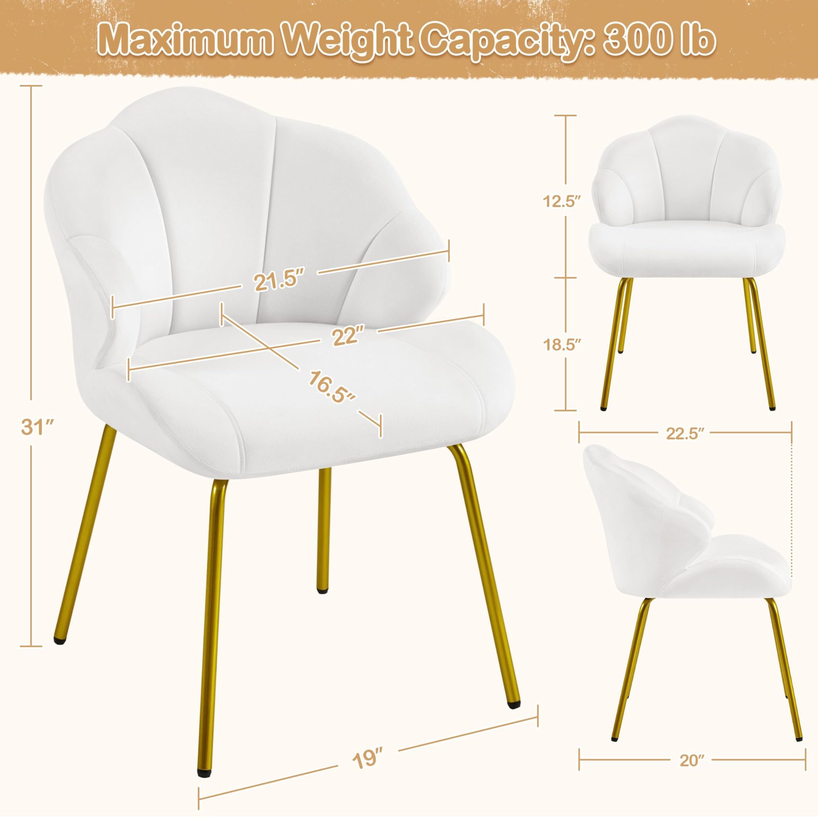 Vanity Chair, Velvet Accent Chair w/Shell-Shaped Backrest, Modern Armchair,White