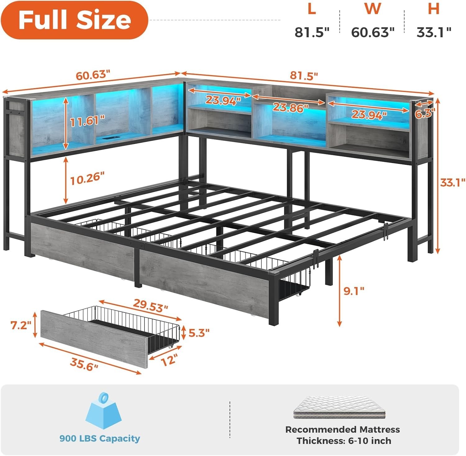 Full Daybed Corner Bed Frame with Charging Station,Led Lights,Bookcase Storage