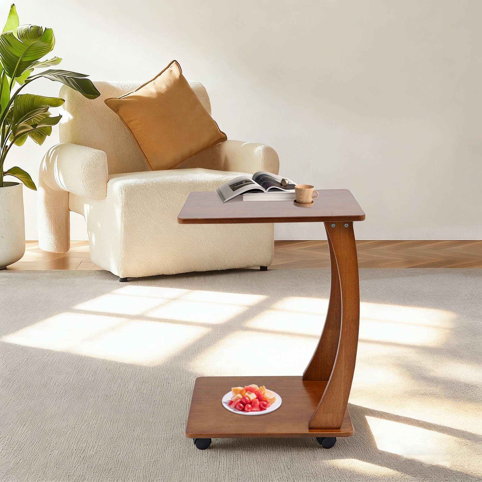 Wooden C-shaped Side Table with Wheels End Tables TV Tray Table Light Walnut