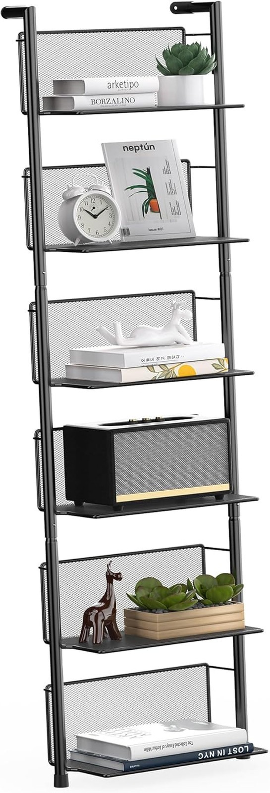 6 Tier Ladder Shelf Wall Mounted 47.6in, Metal Bookshelf Organizer, Modern Black