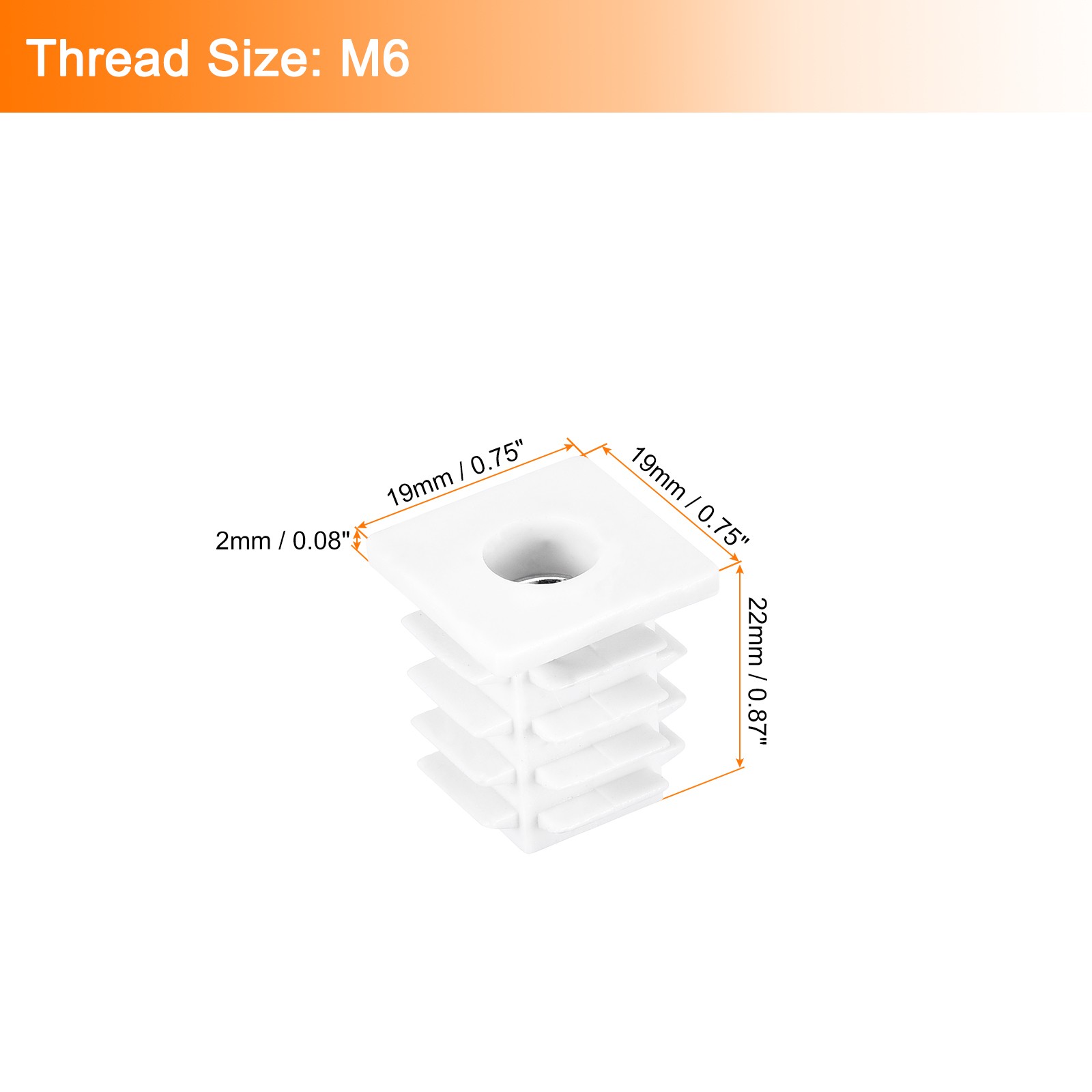 8Pcs Square Tubes 19 x 19mm PP Chair Cover with M6 Thread White