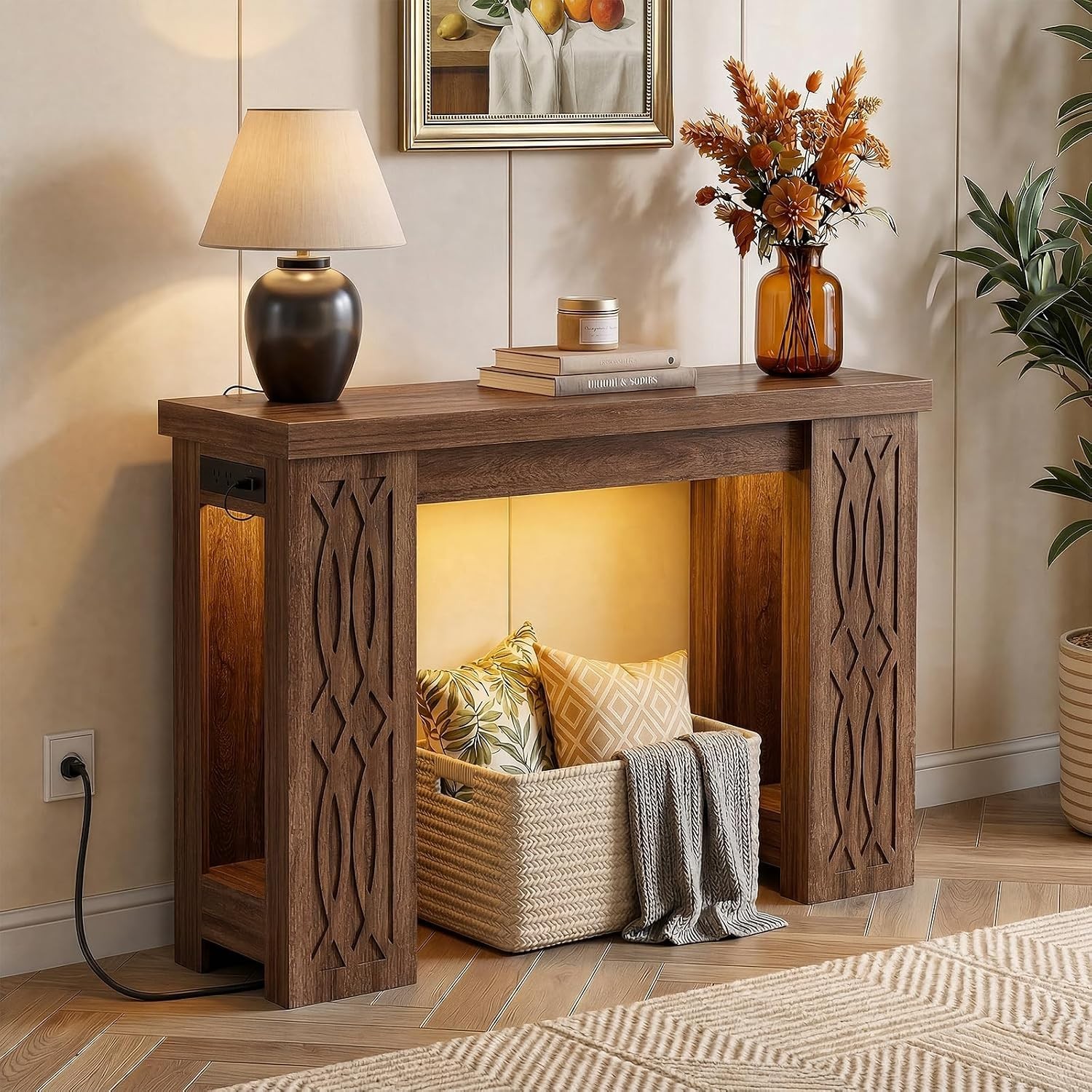 Cyclysio Farmhouse Console Table LED Charging Station Rustic Oak Entryway