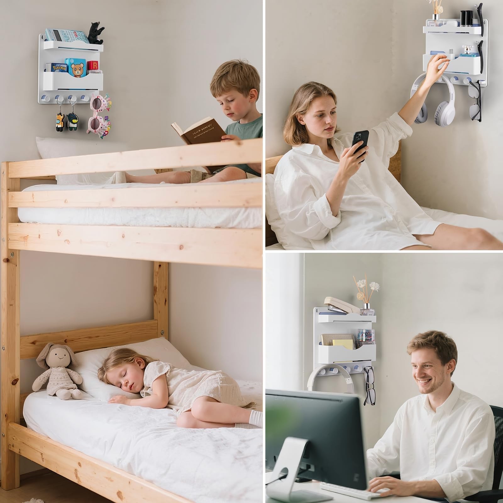Bedside Wall Shelf with Glasses Hooks, Adhesive Bedside Organizer Wall Mount …