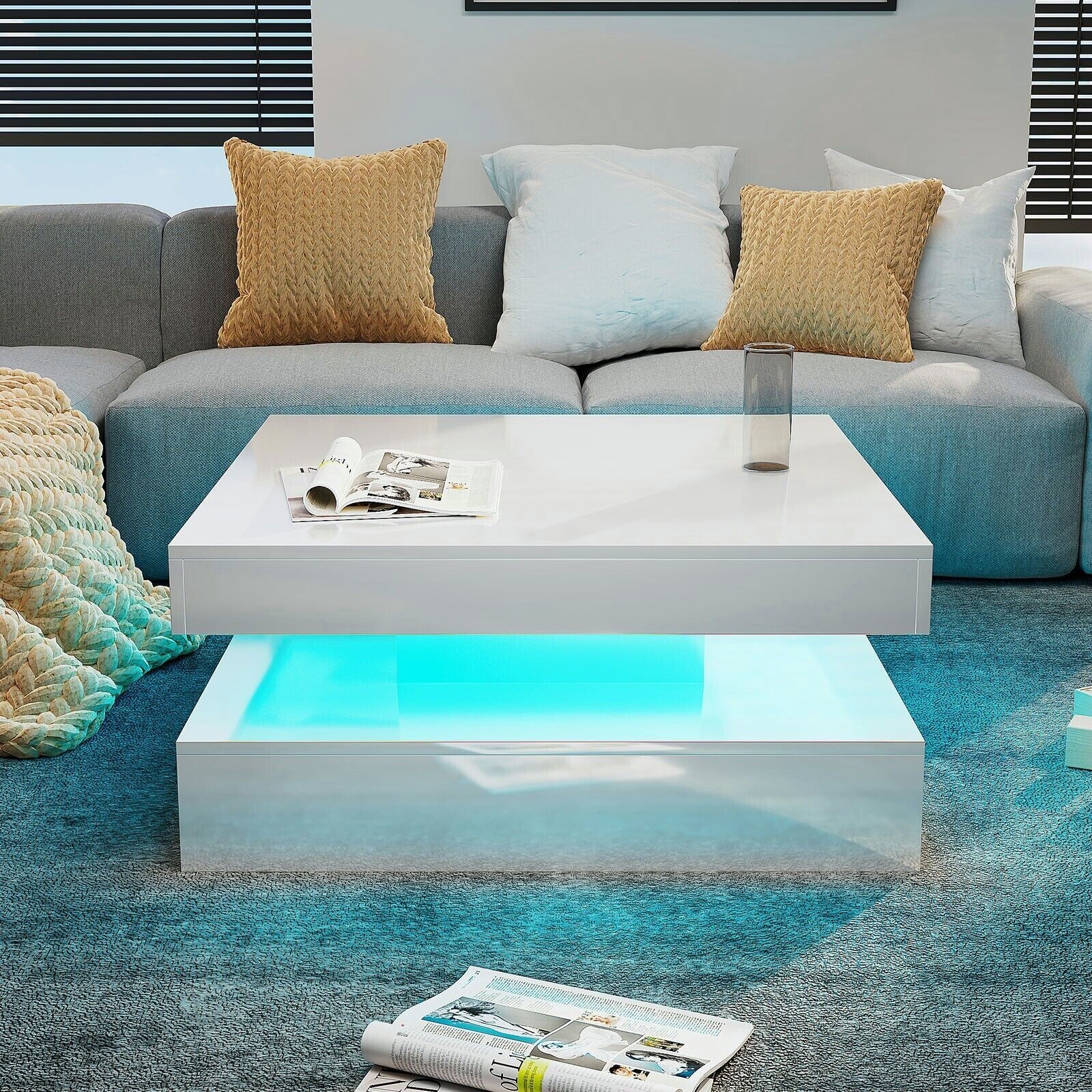 LED Coffee Table with Light High Gloss Center Cocktail Table Living Room White