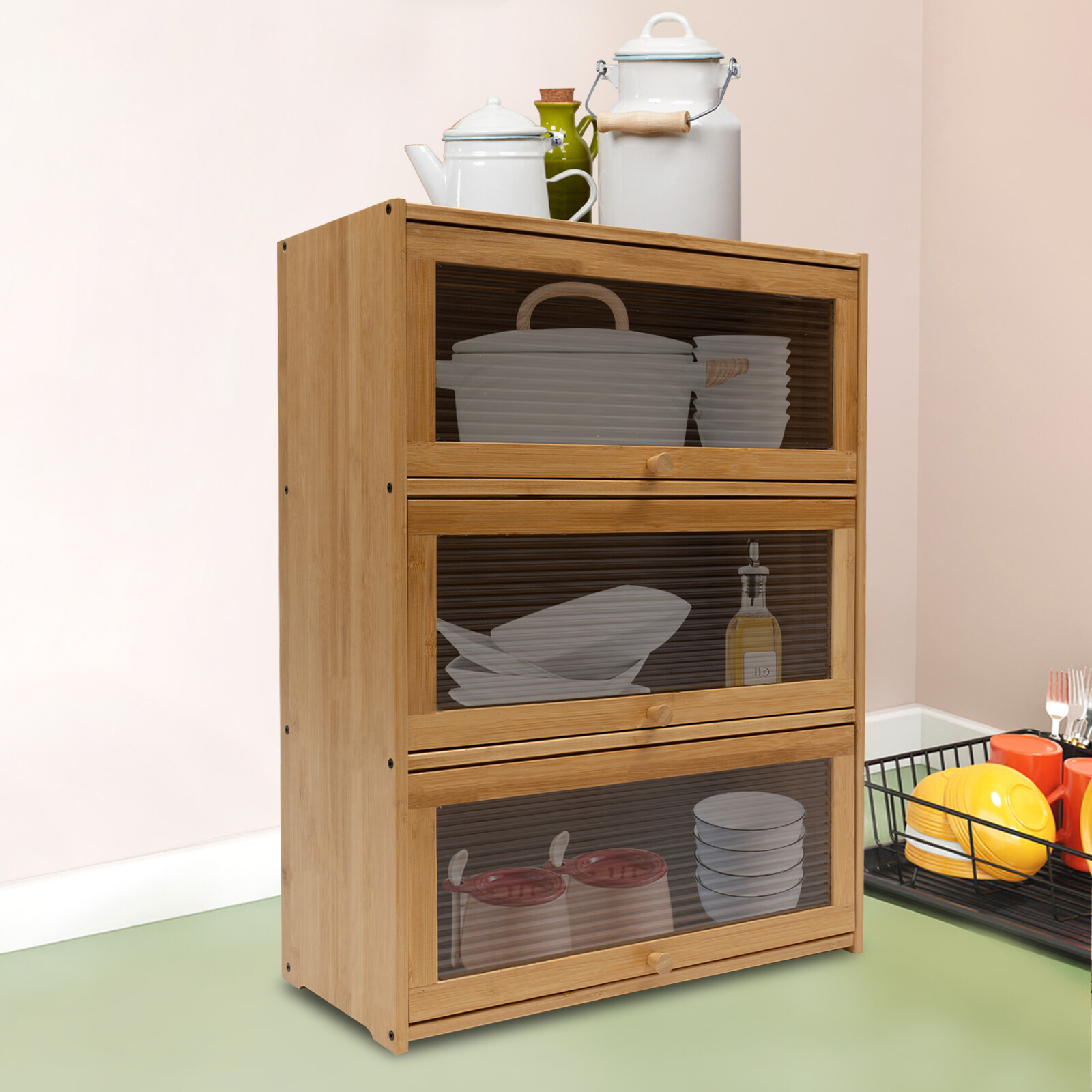Storage Cabinet, Countertop Cabinet, Bamboo Organizer for Kitchen Living Room