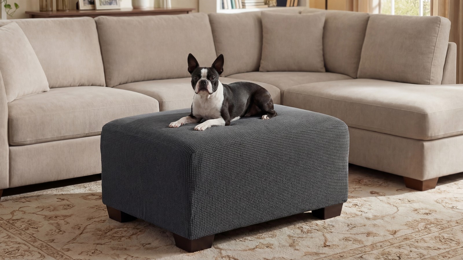 Rectangle Ottoman Slipcover 33″-38″ – Stretch Soft Jacquard Fabric, Washable Pro