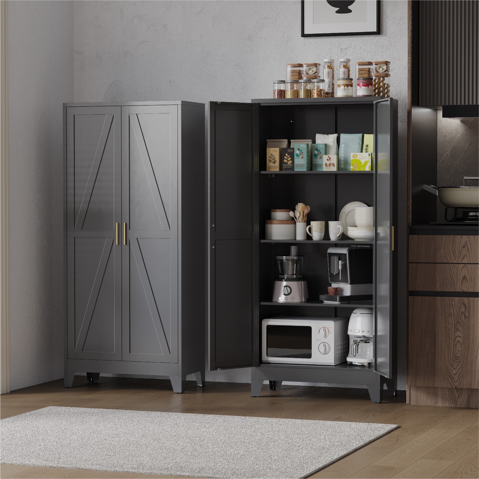 Elegro 4 Tier Metal Home Kitchen Pantry Storage Cabinets With 2 Doors,3 Shelves