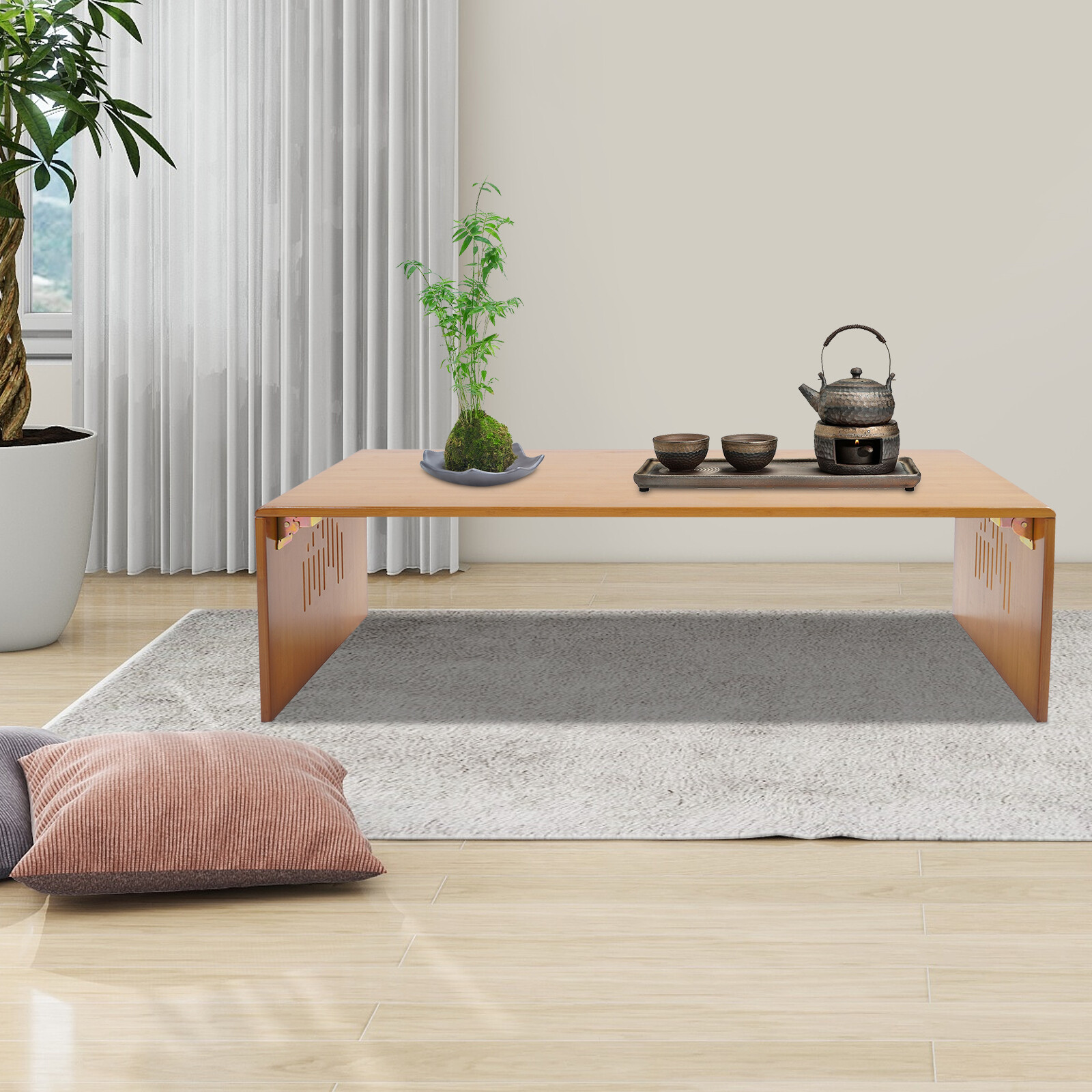Rectangular Foldable Floor Table Bamboo Folding Coffee Table Without Assembly US