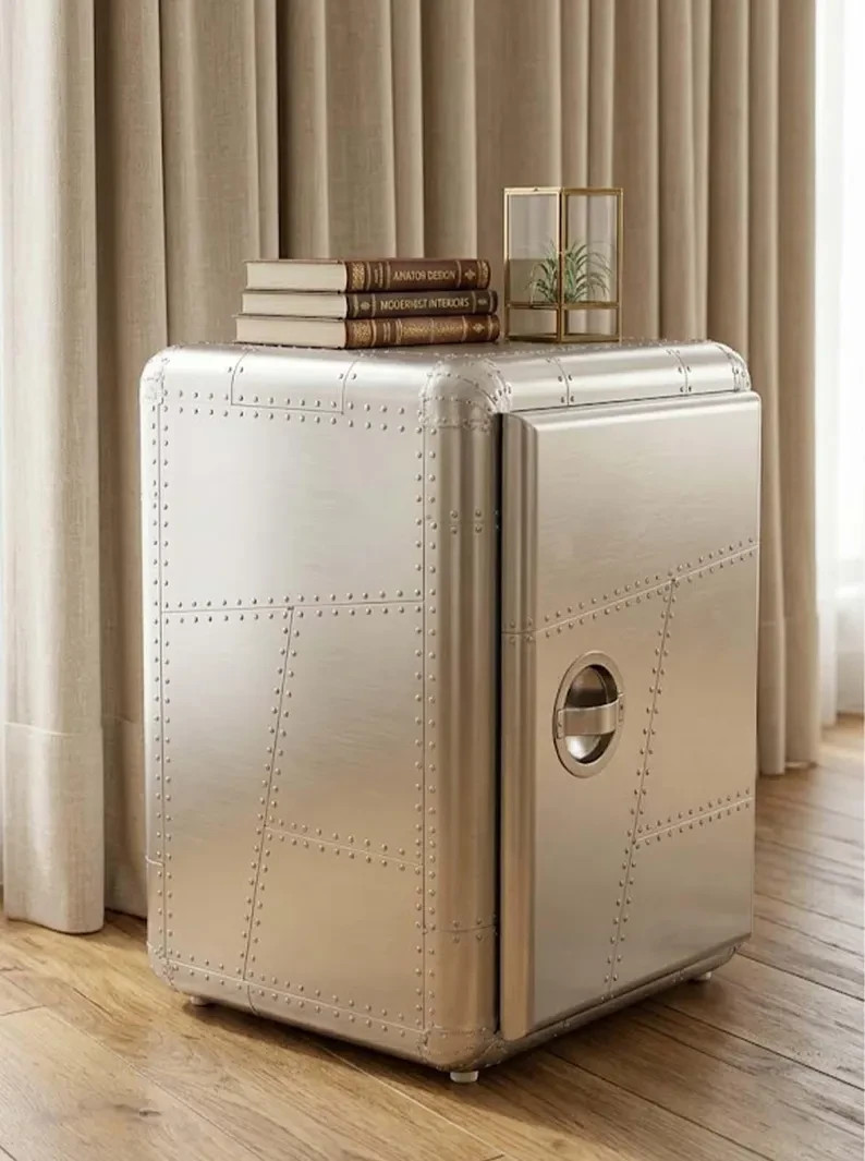 Aviator Aluminum Side Cabinet | Riveted Aircraft Metal Storage End Table | Indus