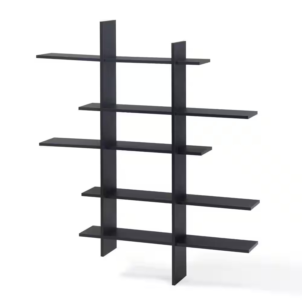 45 In. X 51 In. Black Laminate Five Level Black Asymmetric Floating Wall Shelf